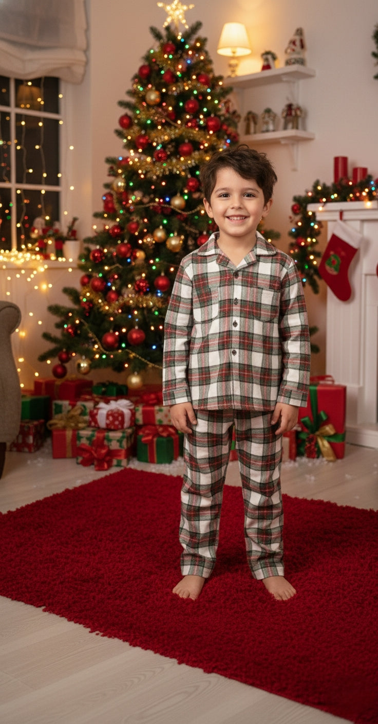 Red and green check night suit