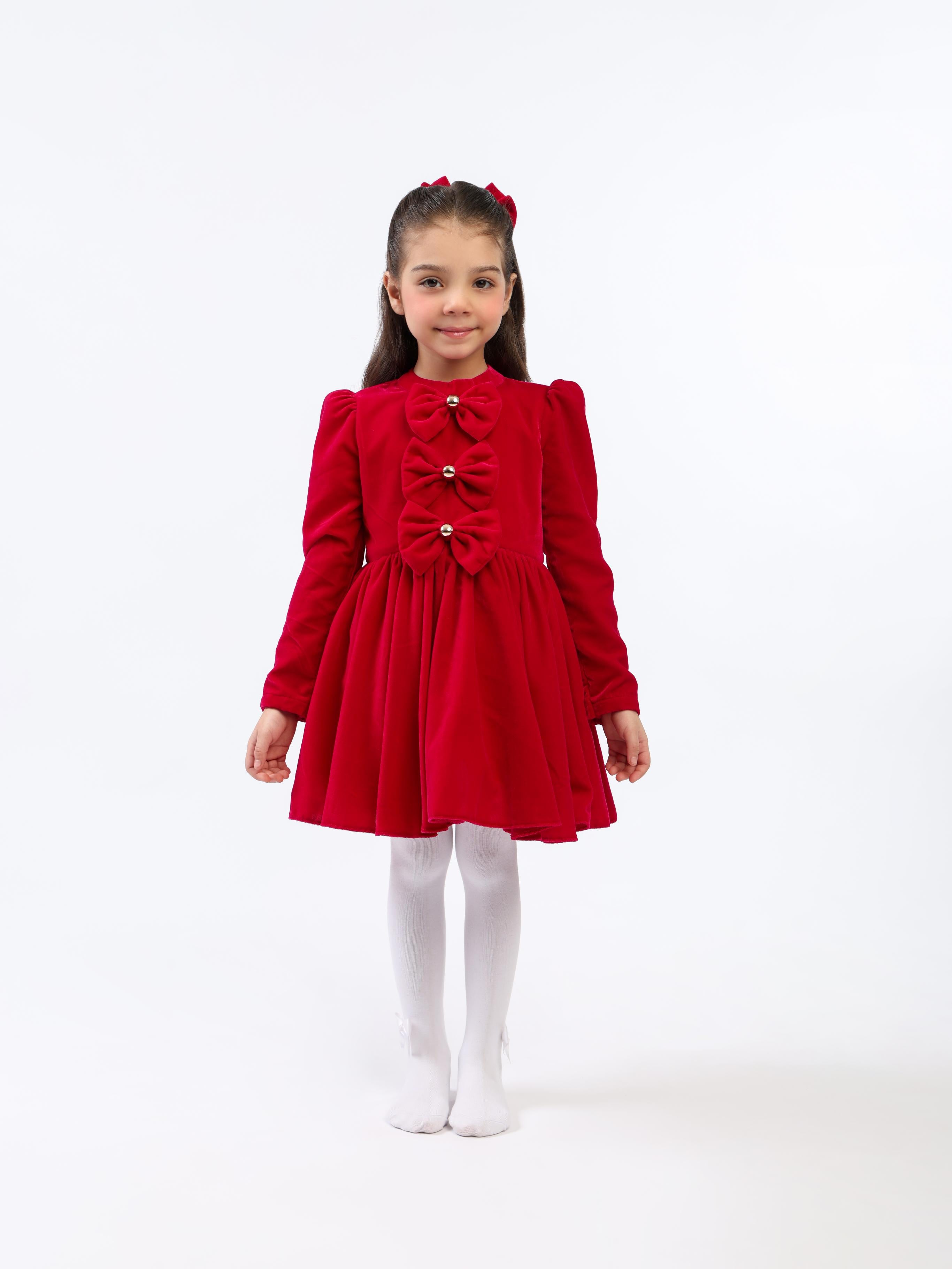 MAGENTA VELVET BOW DRESS