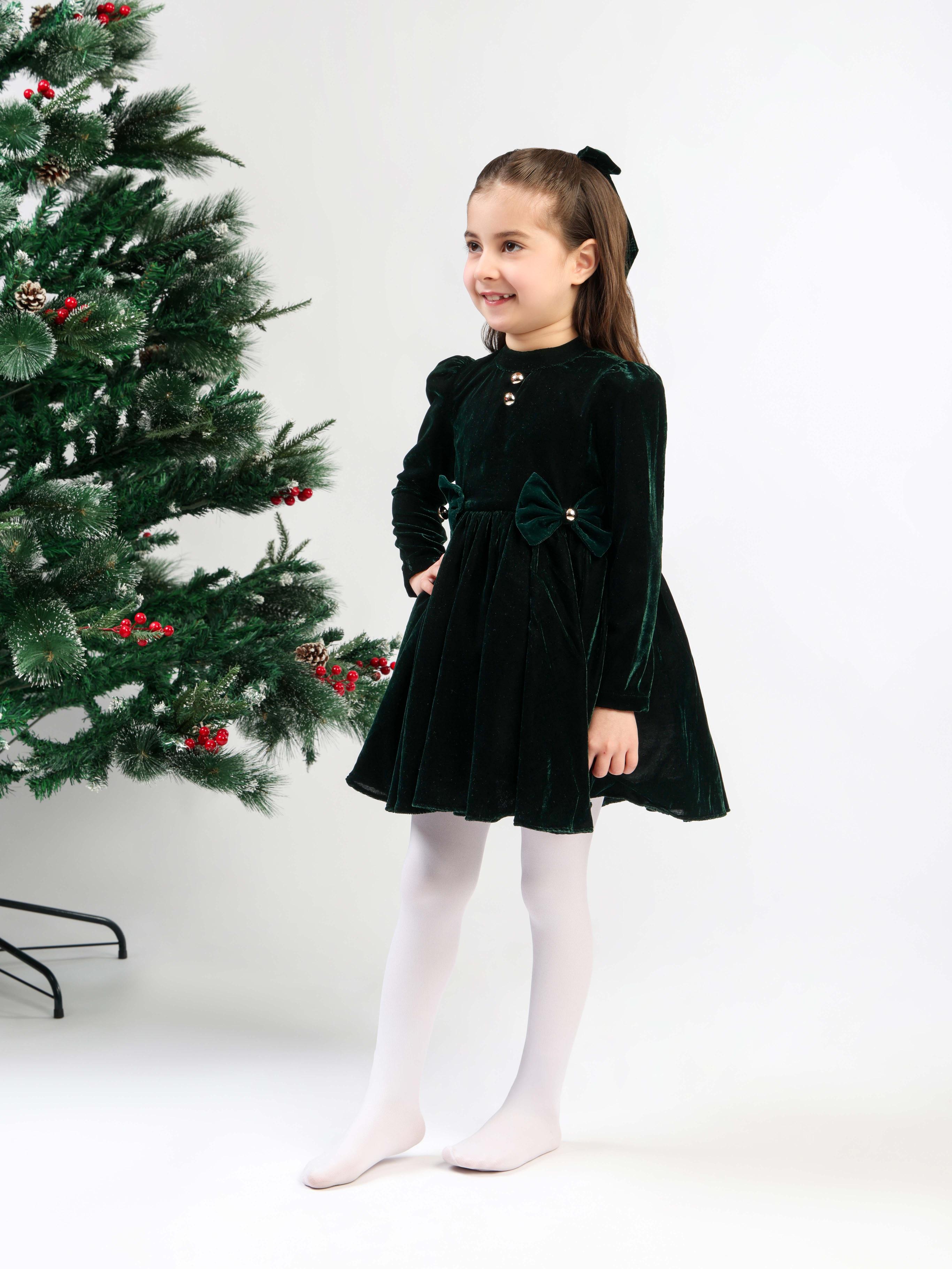 GREEN VELVET BOW DRESS