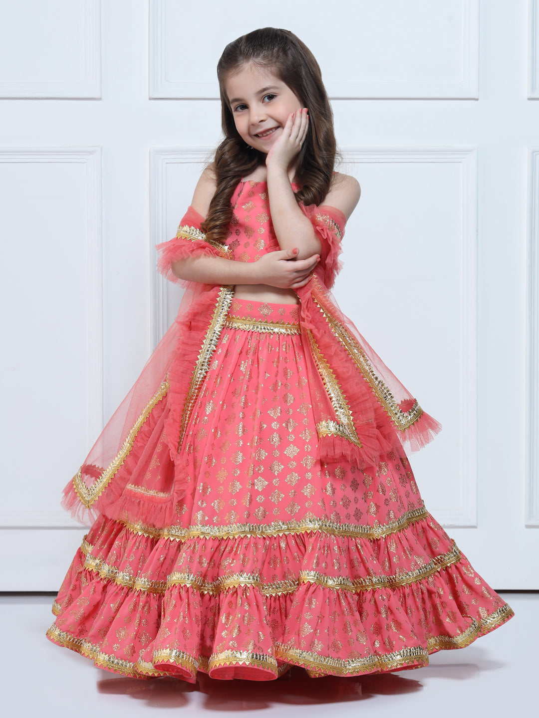 SAANJH LEHENGA - A Peach And Golden Printed Lehenga