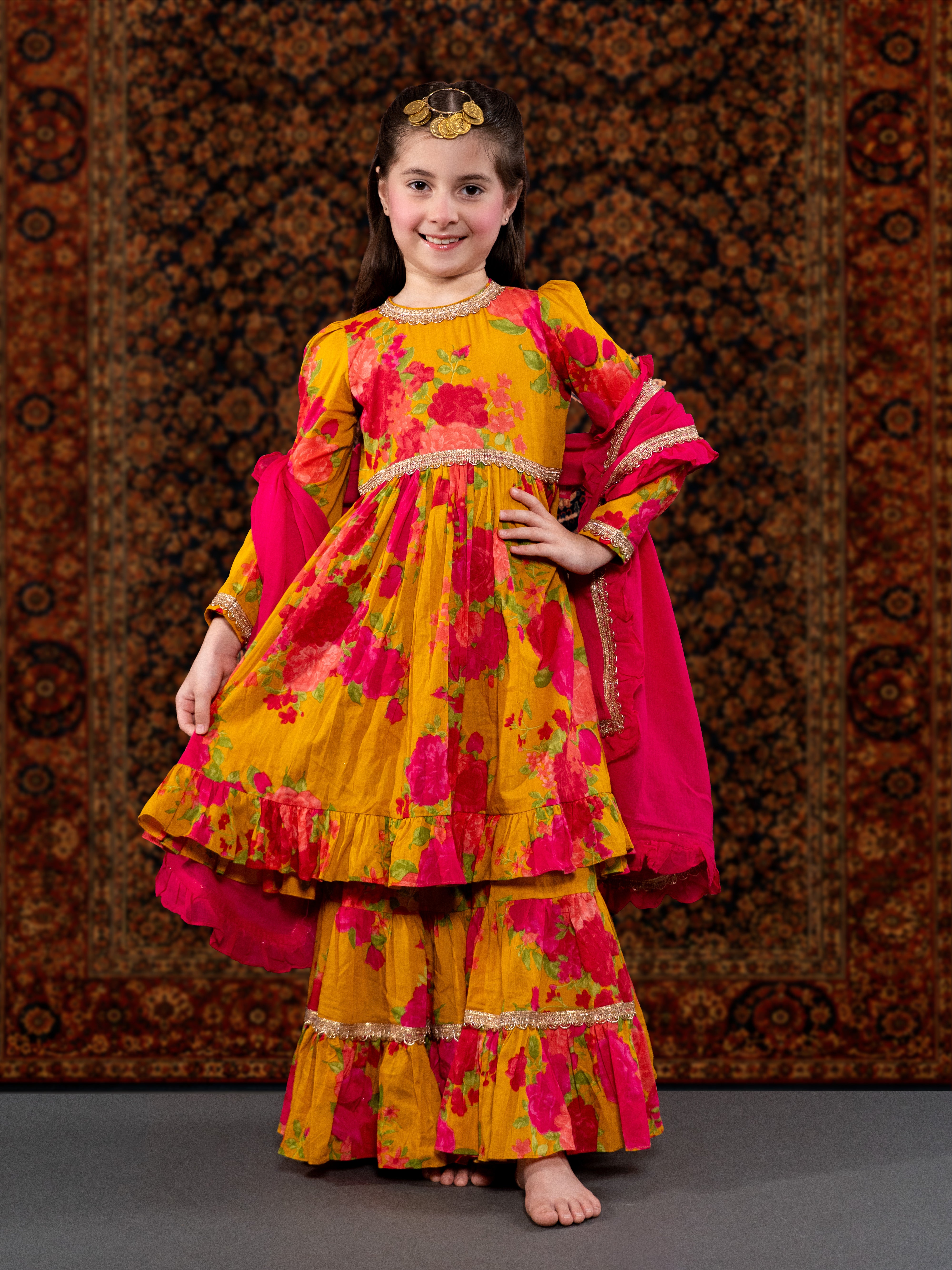 ARZOI - A MUSTARD FLORAL COTTON SUIT SET