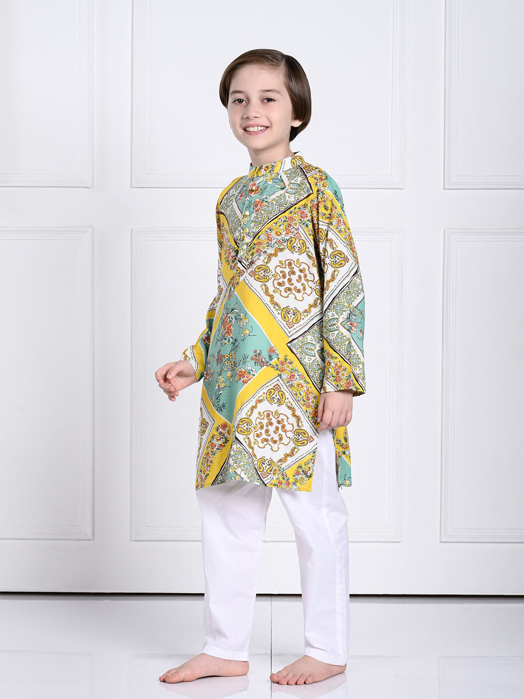 Riaan - Yellow And Green Kurta Pajama Set