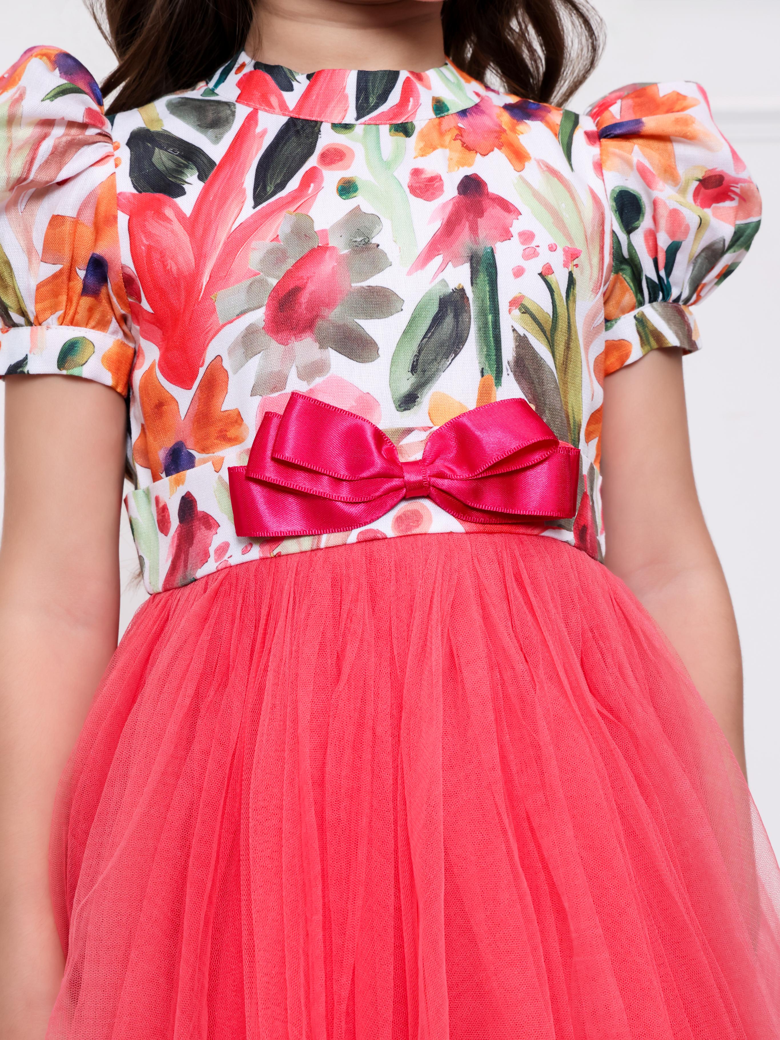 CORAL FLORAL NET DRESS