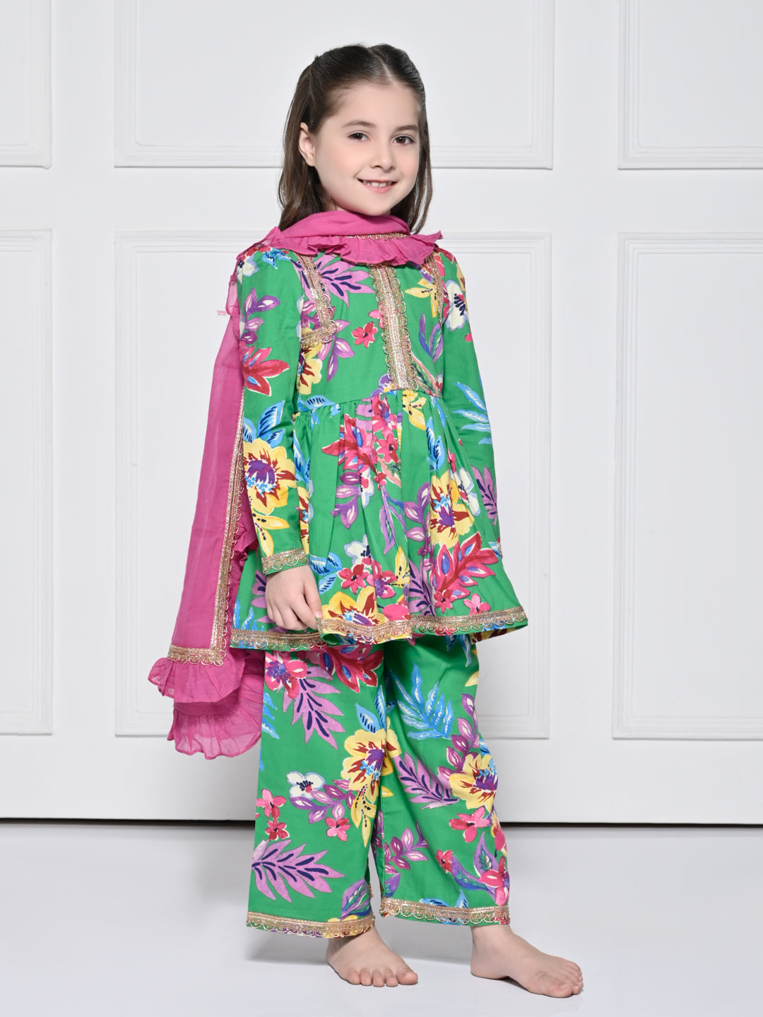 Green Floral Cotton Suit for Girls