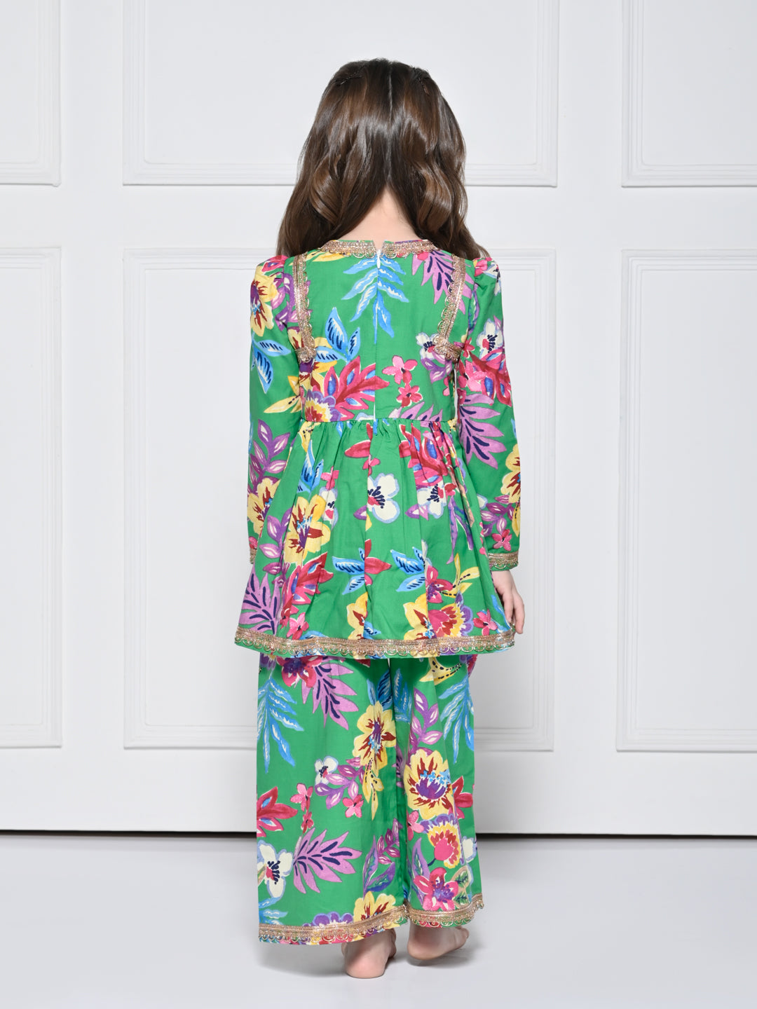 Green Floral Cotton Suit for Girls