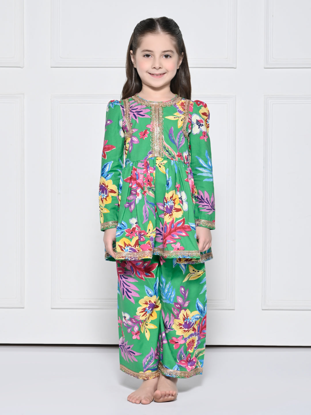 Green Floral Cotton Suit for Girls