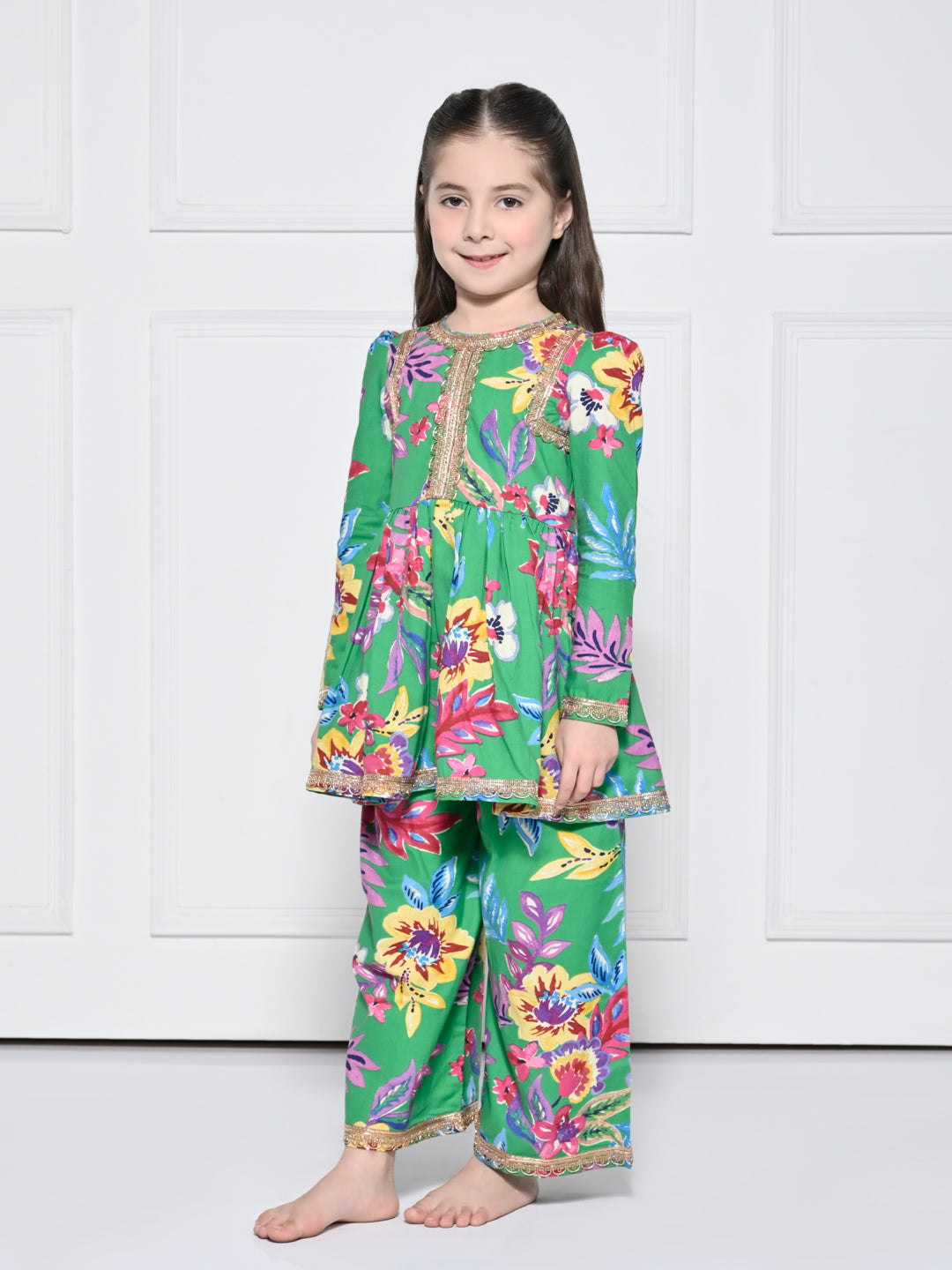 Green Floral Cotton Suit for Girls