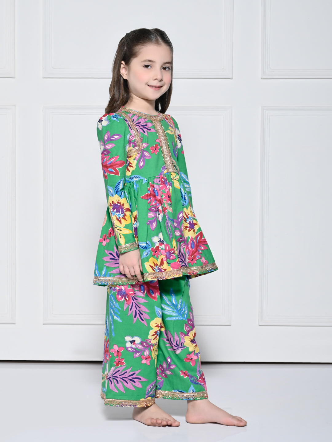 Green Floral Cotton Suit for Girls