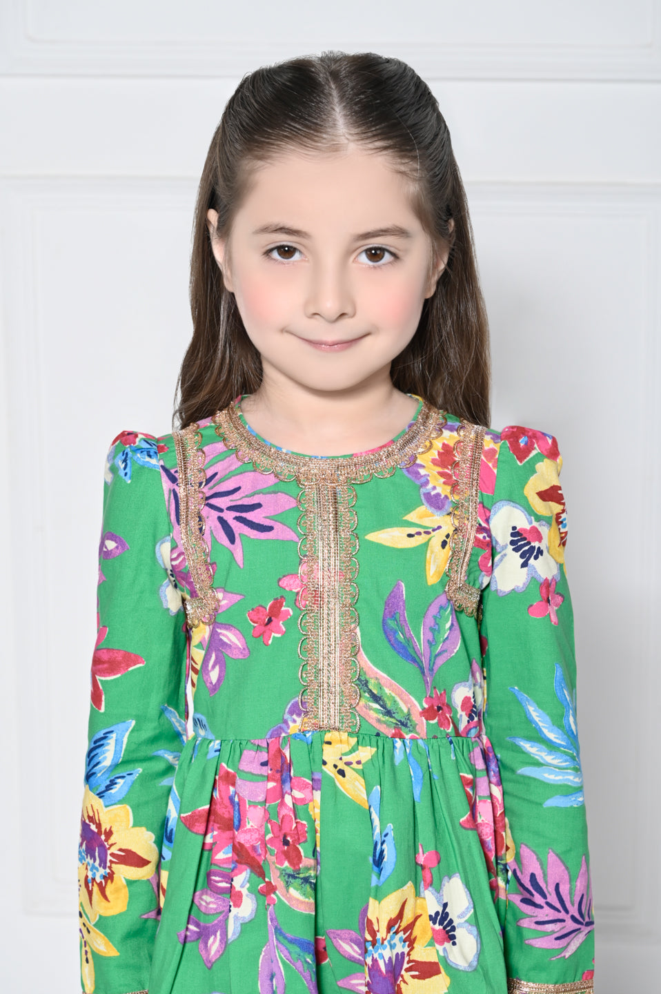 Green Floral Cotton Suit for Girls