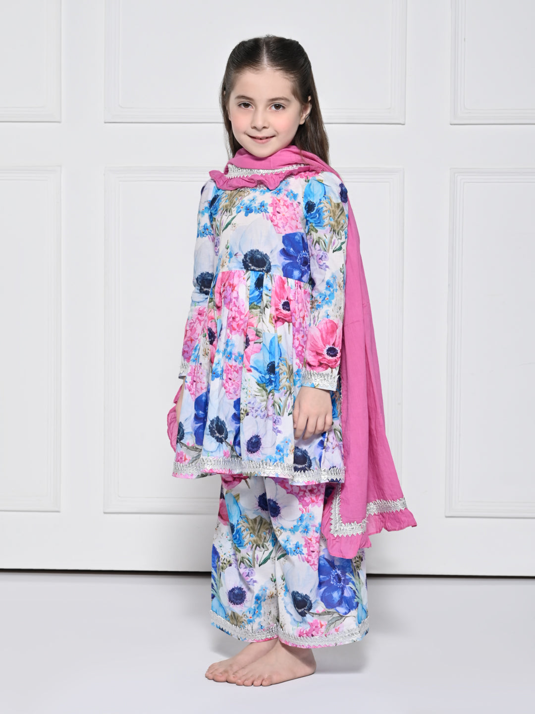 Pink & Blue floral Cotton Suit for Girls