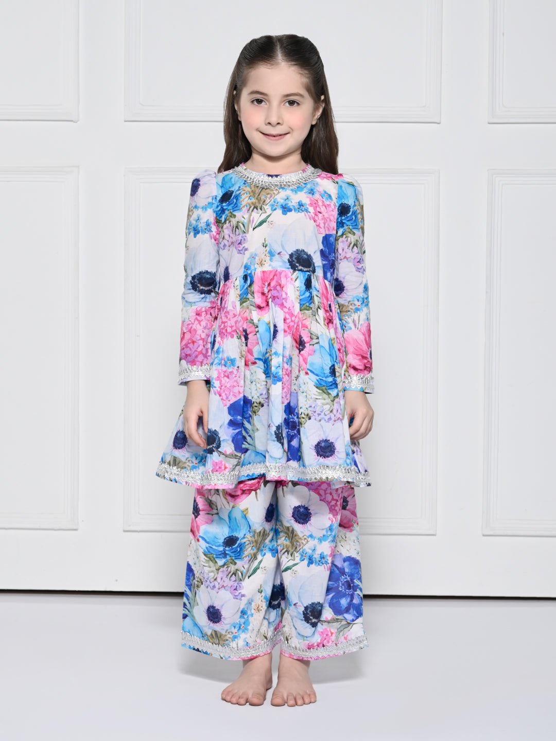 Pink & Blue floral Cotton Suit for Girls