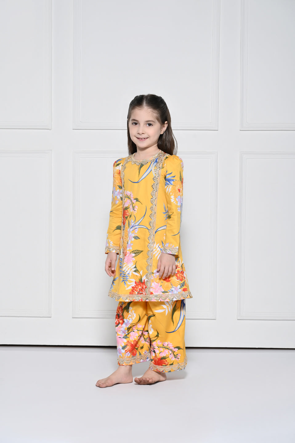 Yellow Floral - A Yellow Rayon Suit with a Floral Print for girls