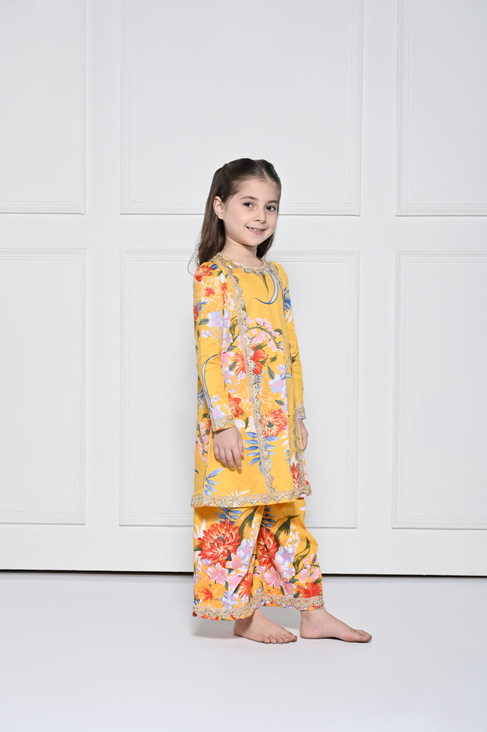 Yellow Floral - A Yellow Rayon Suit with a Floral Print for girls