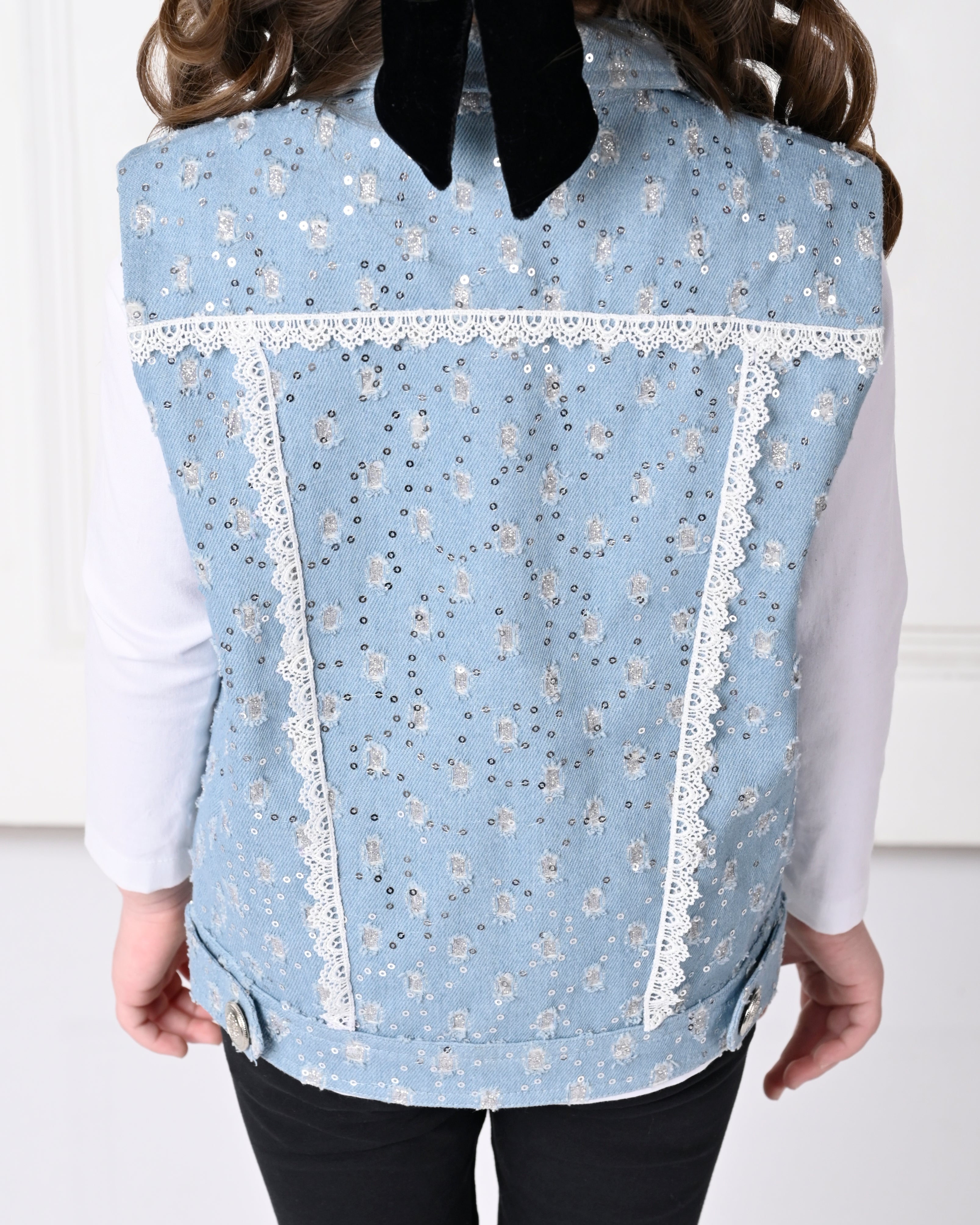 Light Blue Over Size Sequence Sleeveless with Bow Denim Jacket