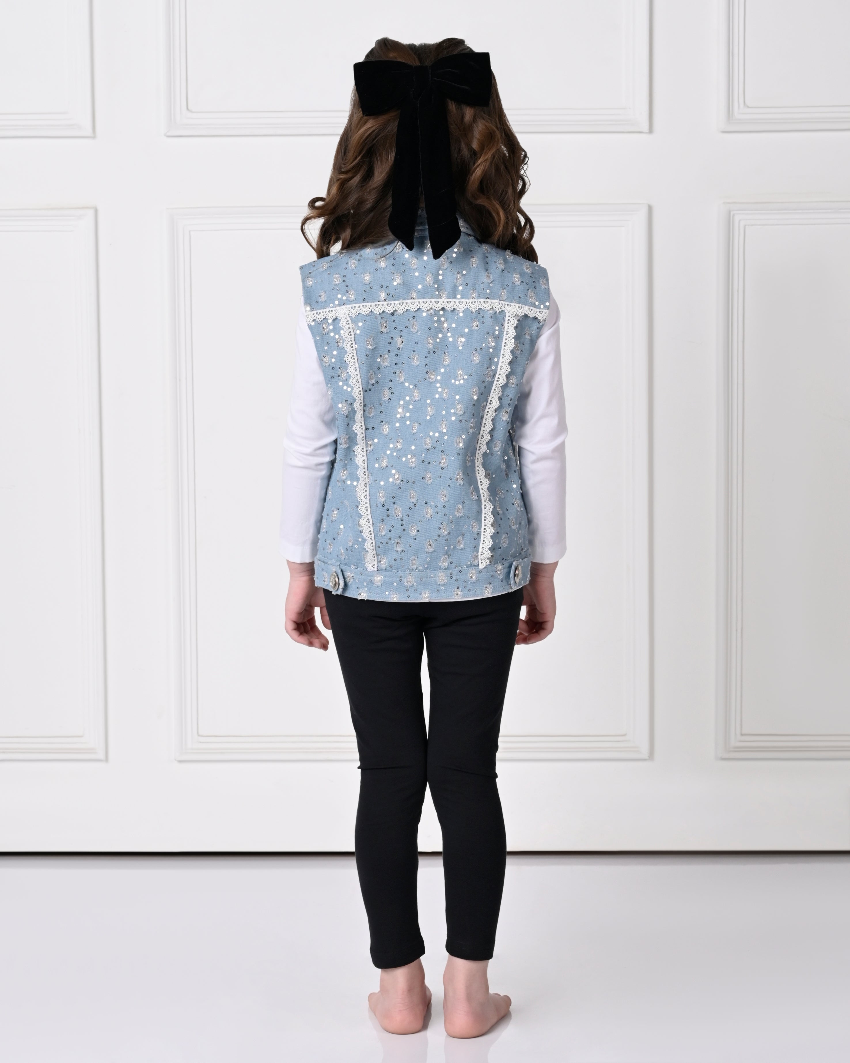 Light Blue Over Size Sequence Sleeveless with Bow Denim Jacket