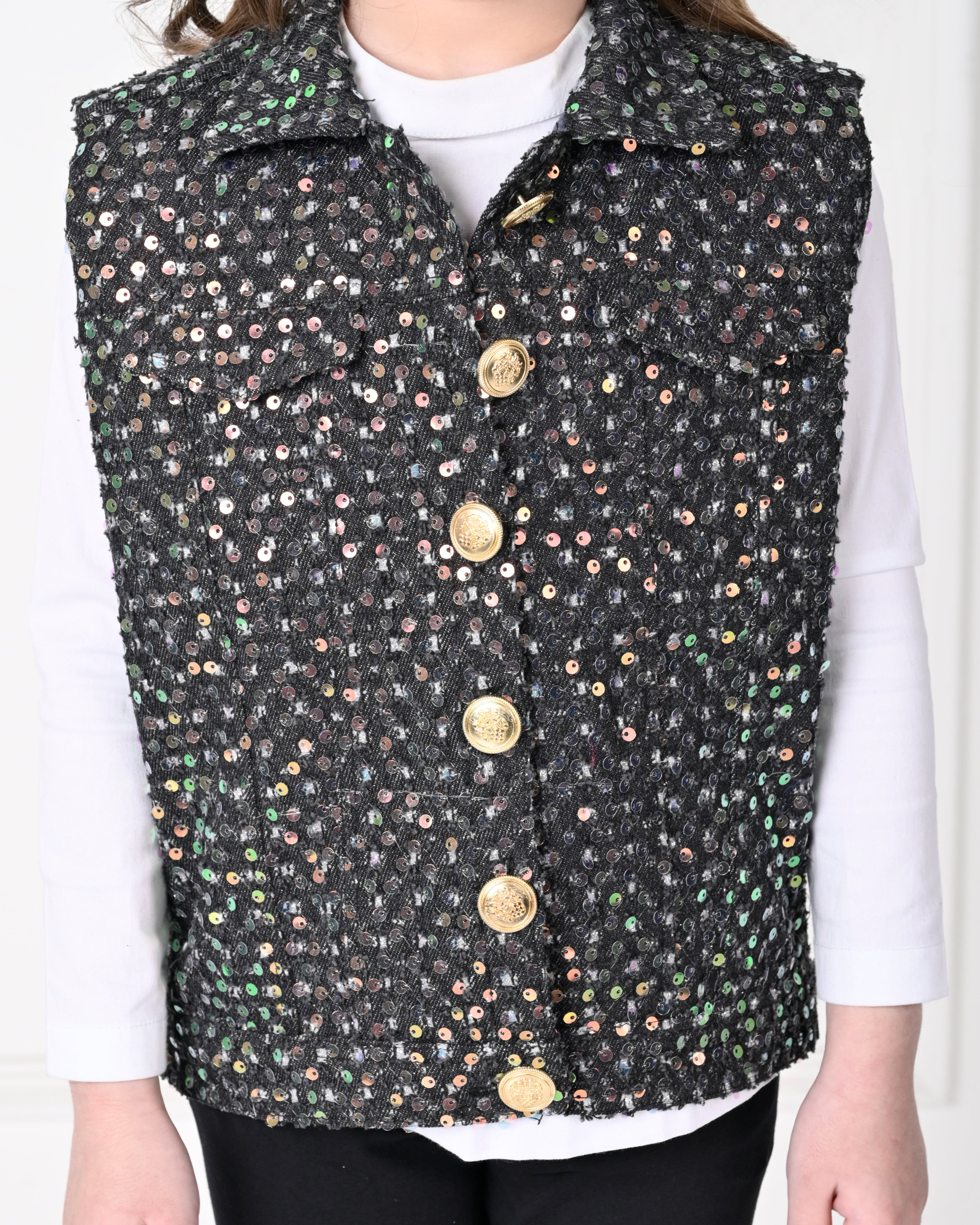Black Over Size Sleeveless Sequence work Jacket