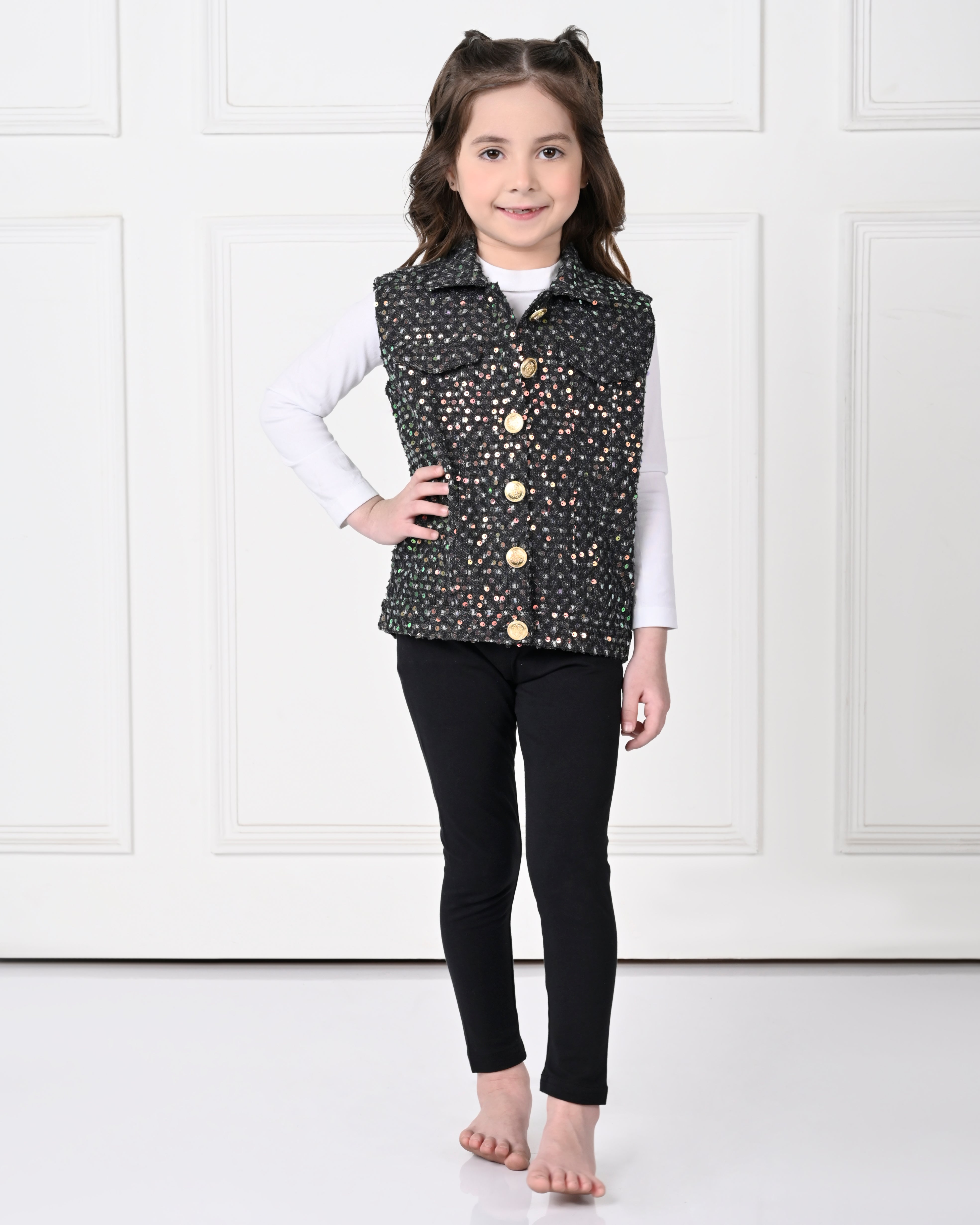 Black Over Size Sleeveless Sequence work Jacket