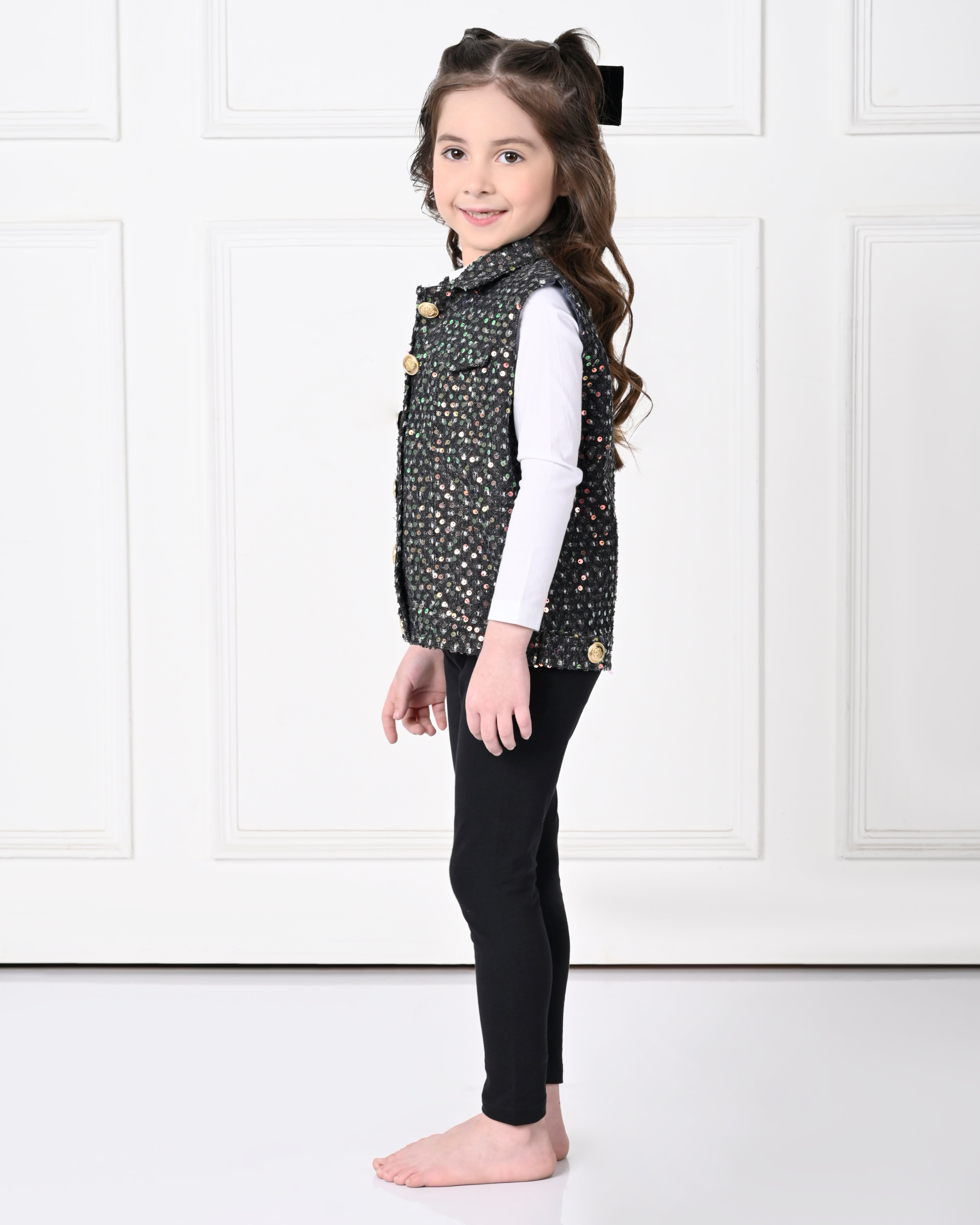 Black Over Size Sleeveless Sequence work Jacket