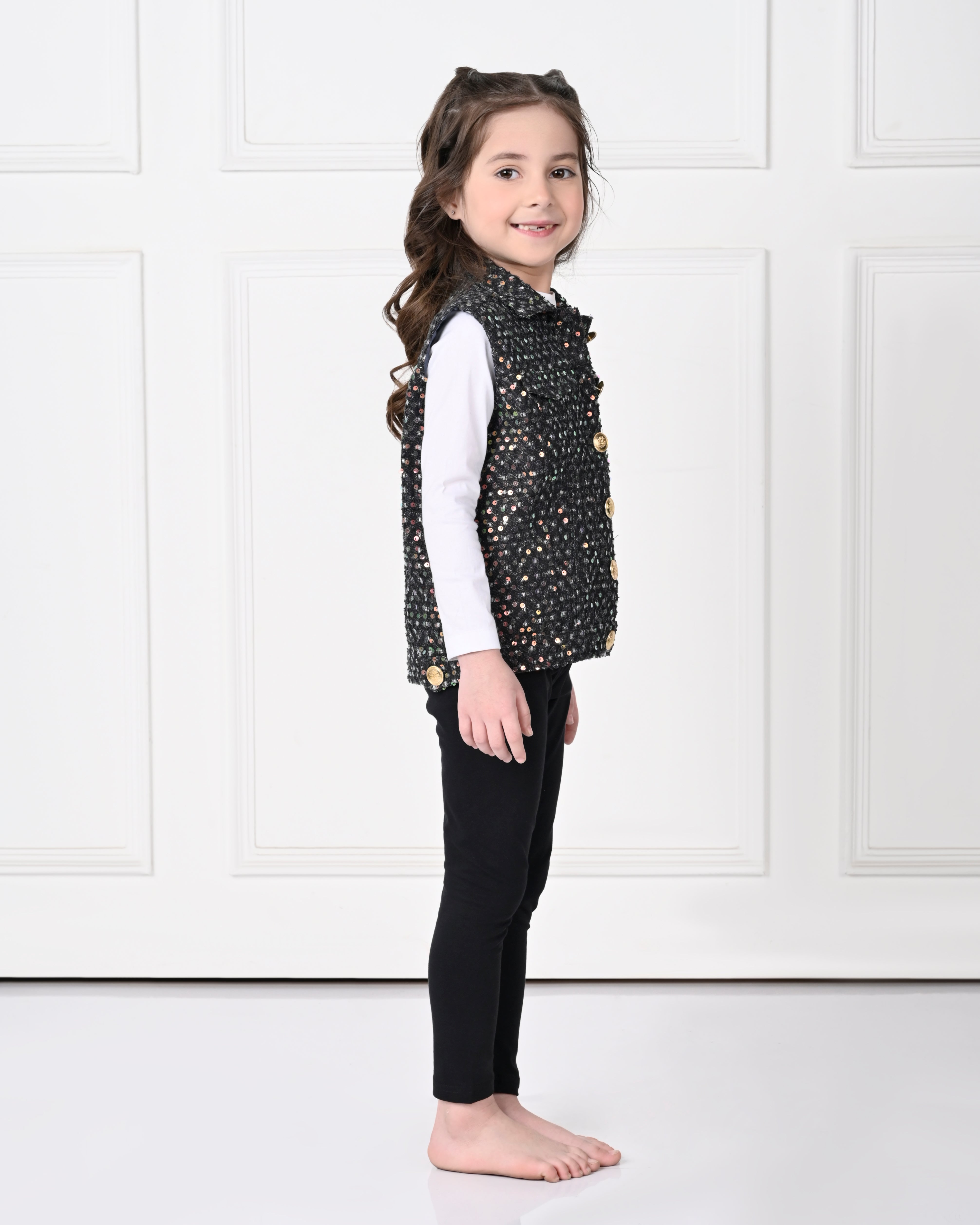 Black Over Size Sleeveless Sequence work Jacket