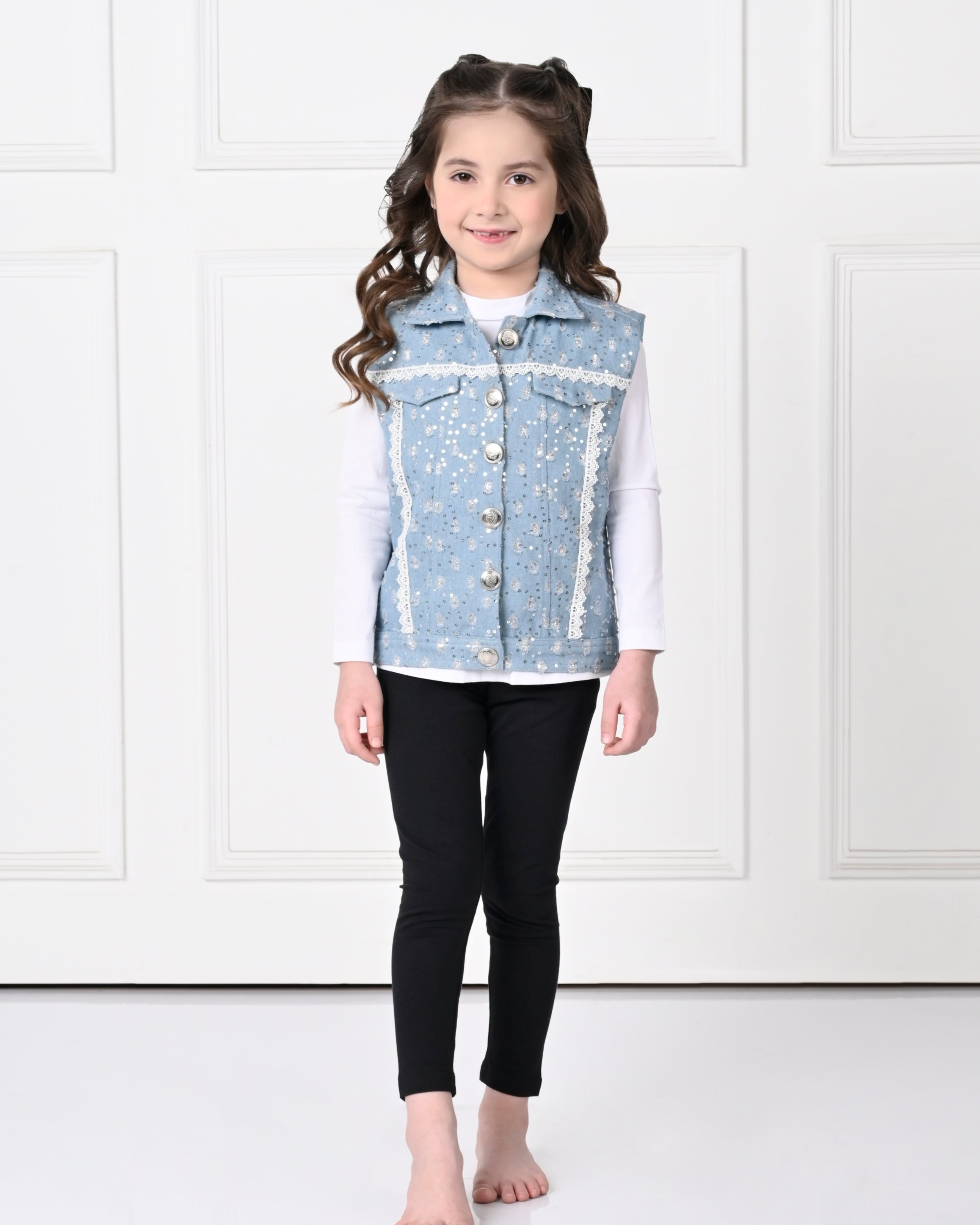 Light Blue Over Size Sleeveless Lace Denim Jacket