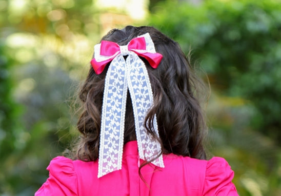 Dark Pink bow with white lace hair clip