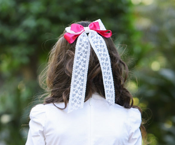 Dark Pink bow with white lace hair clip