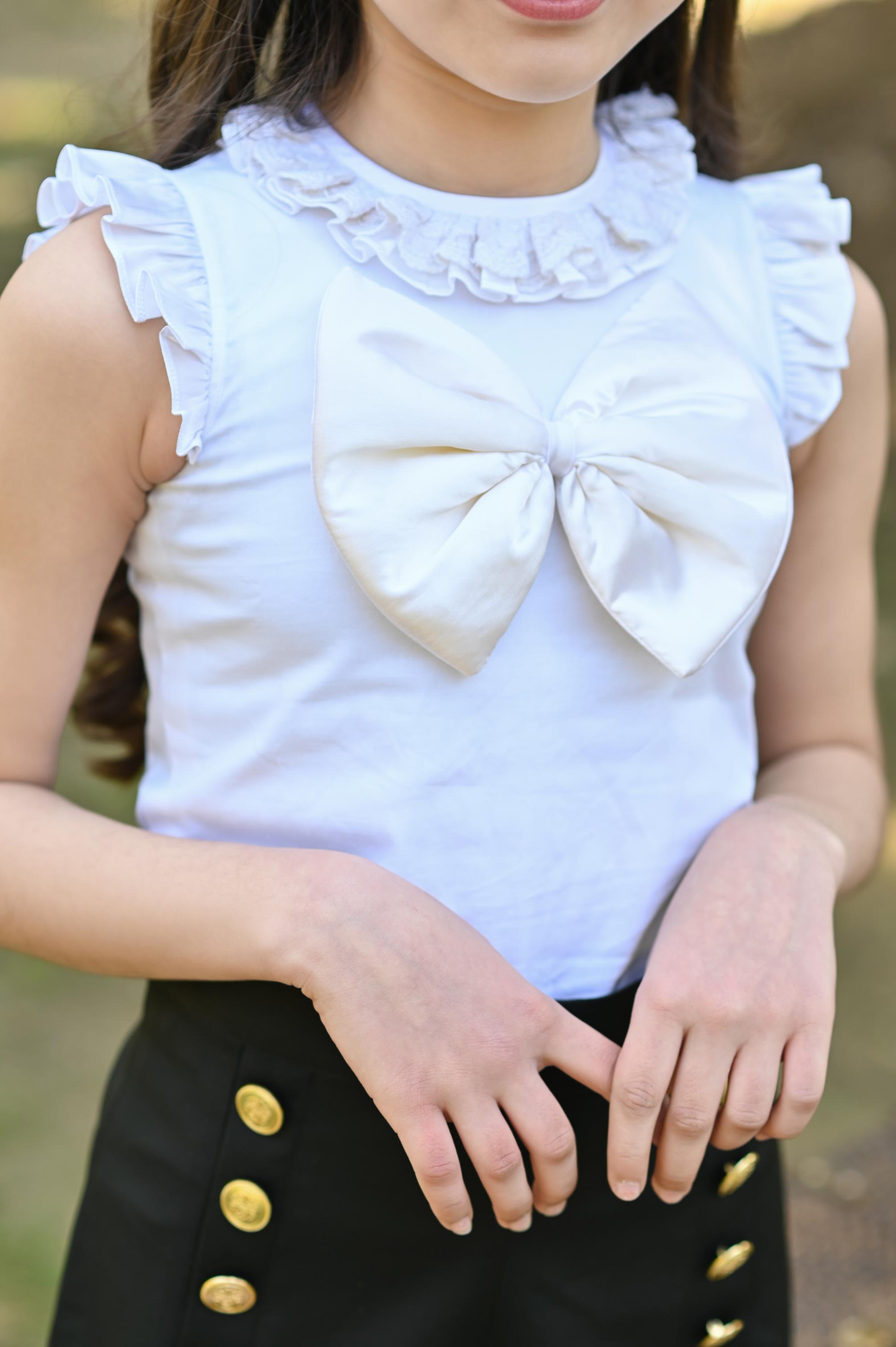 WHITE BOW TOP & BLACK SHORTS SET