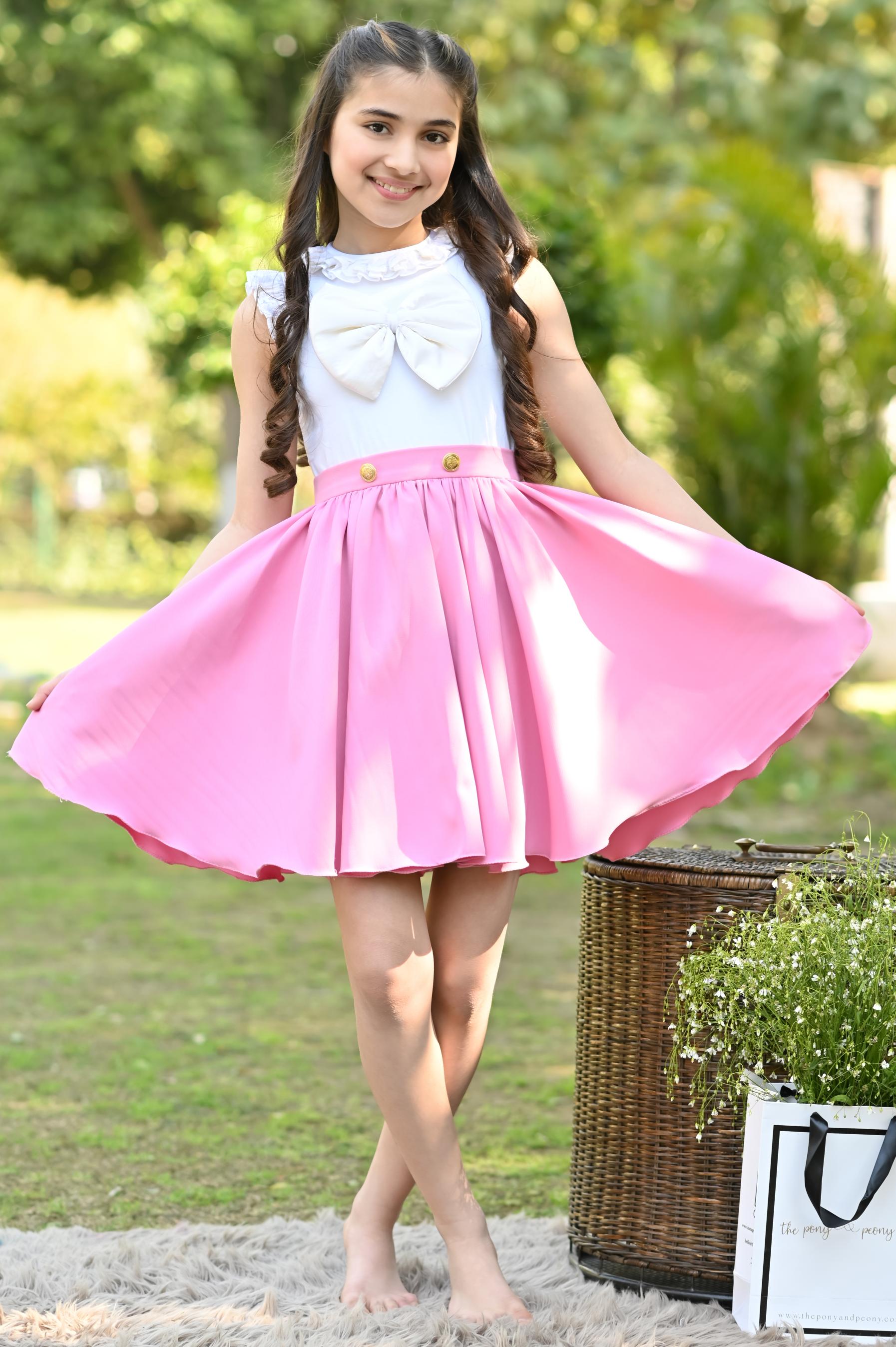 WHITE BOW TOP & LIGHT PINK SKIRT SET
