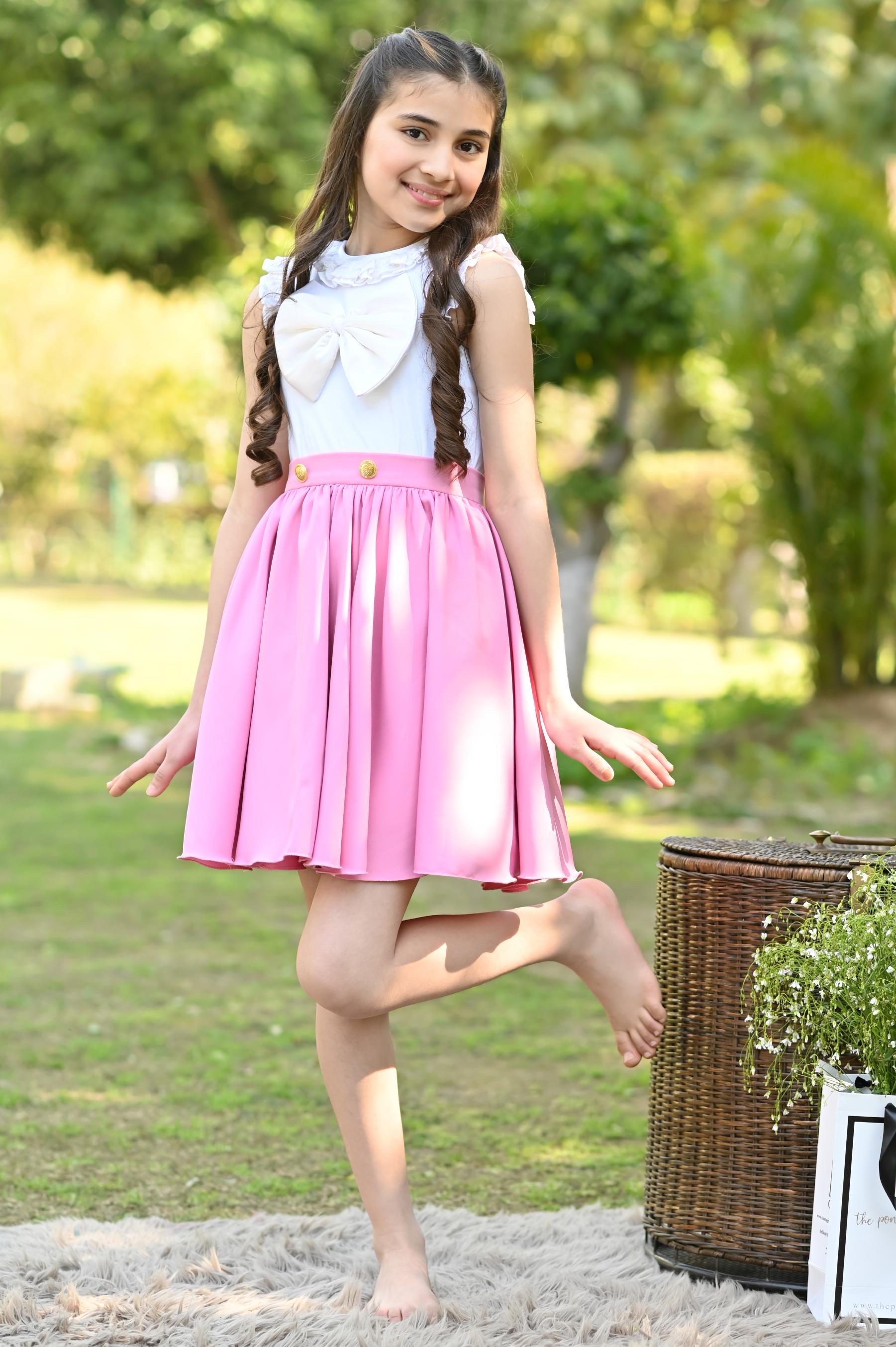 WHITE BOW TOP & LIGHT PINK SKIRT SET