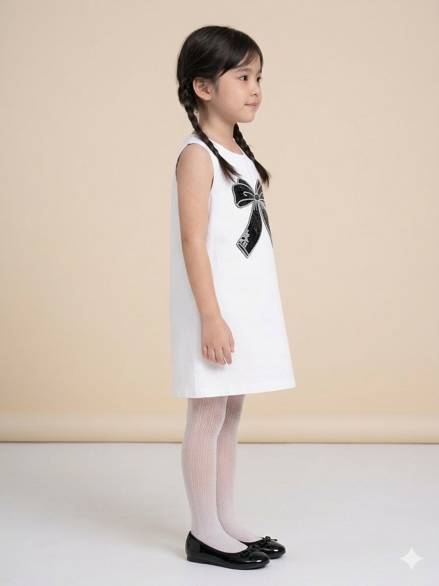 WHITE & BLACK BOW DENIM DRESS