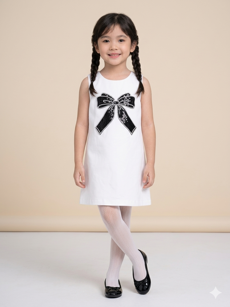 WHITE & BLACK BOW DENIM DRESS