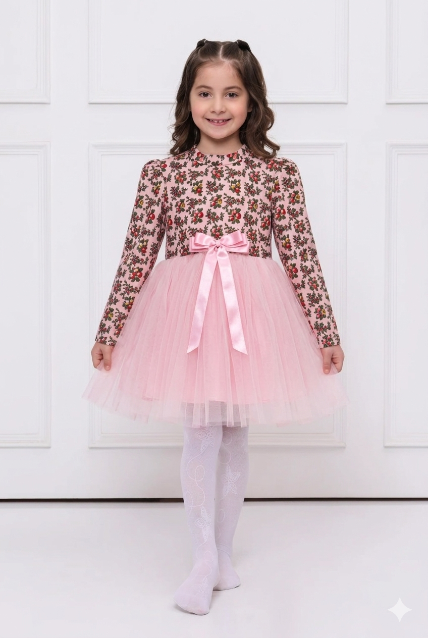 PINK CHERRY CORDUROY NET DRESS