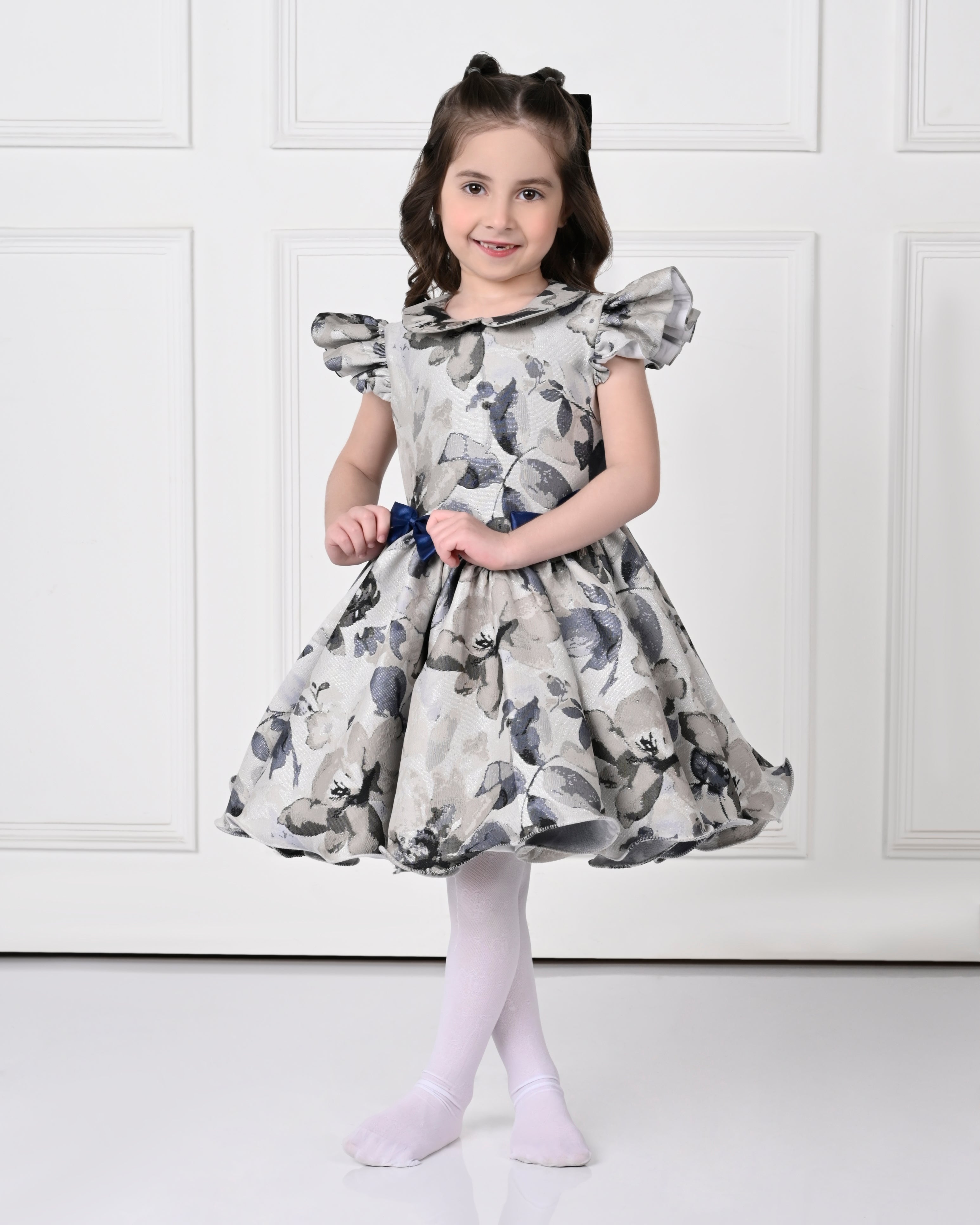 Blue Berry Peony Floral Printed Dress- Off white