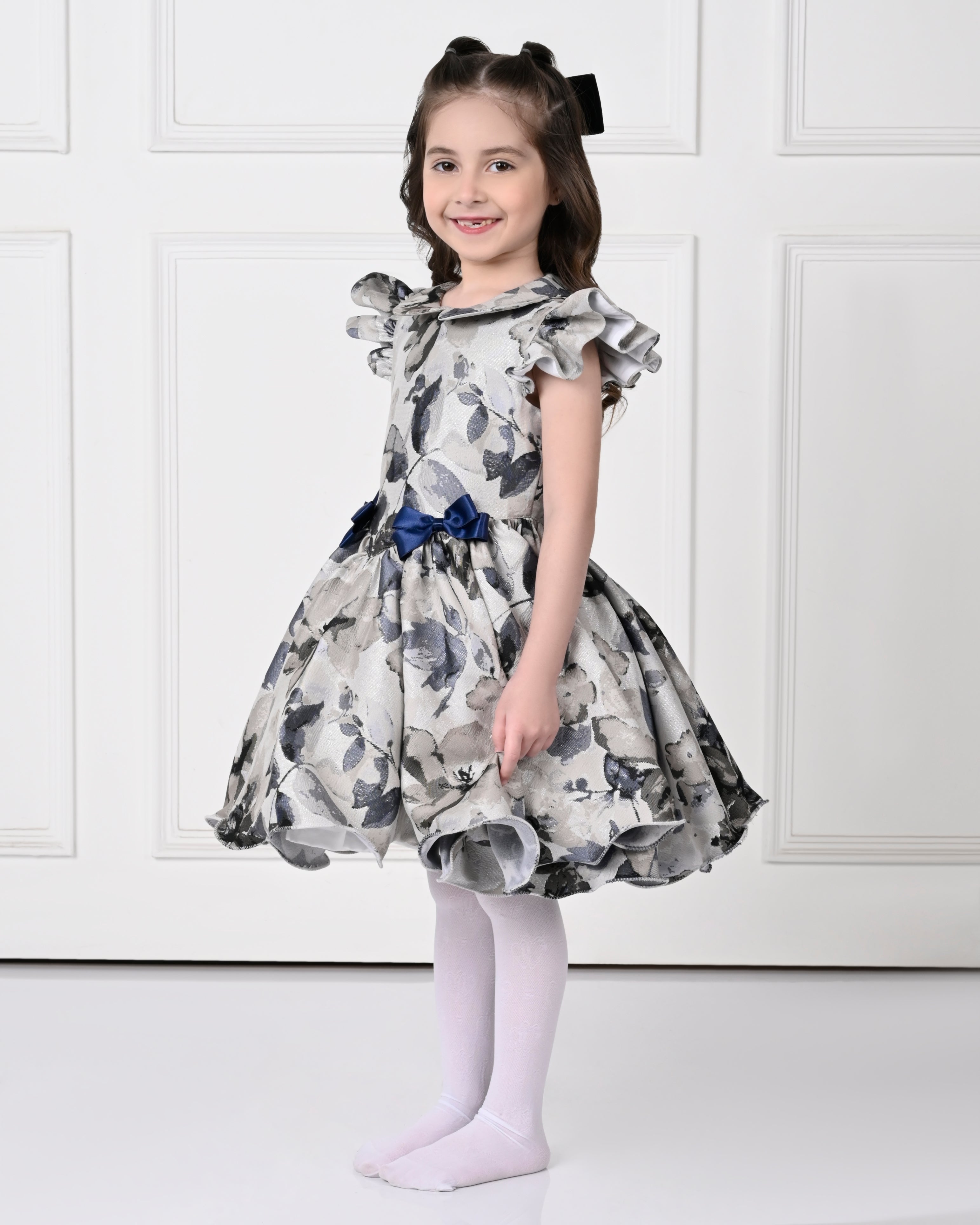Blue Berry Peony Floral Printed Dress- Off white