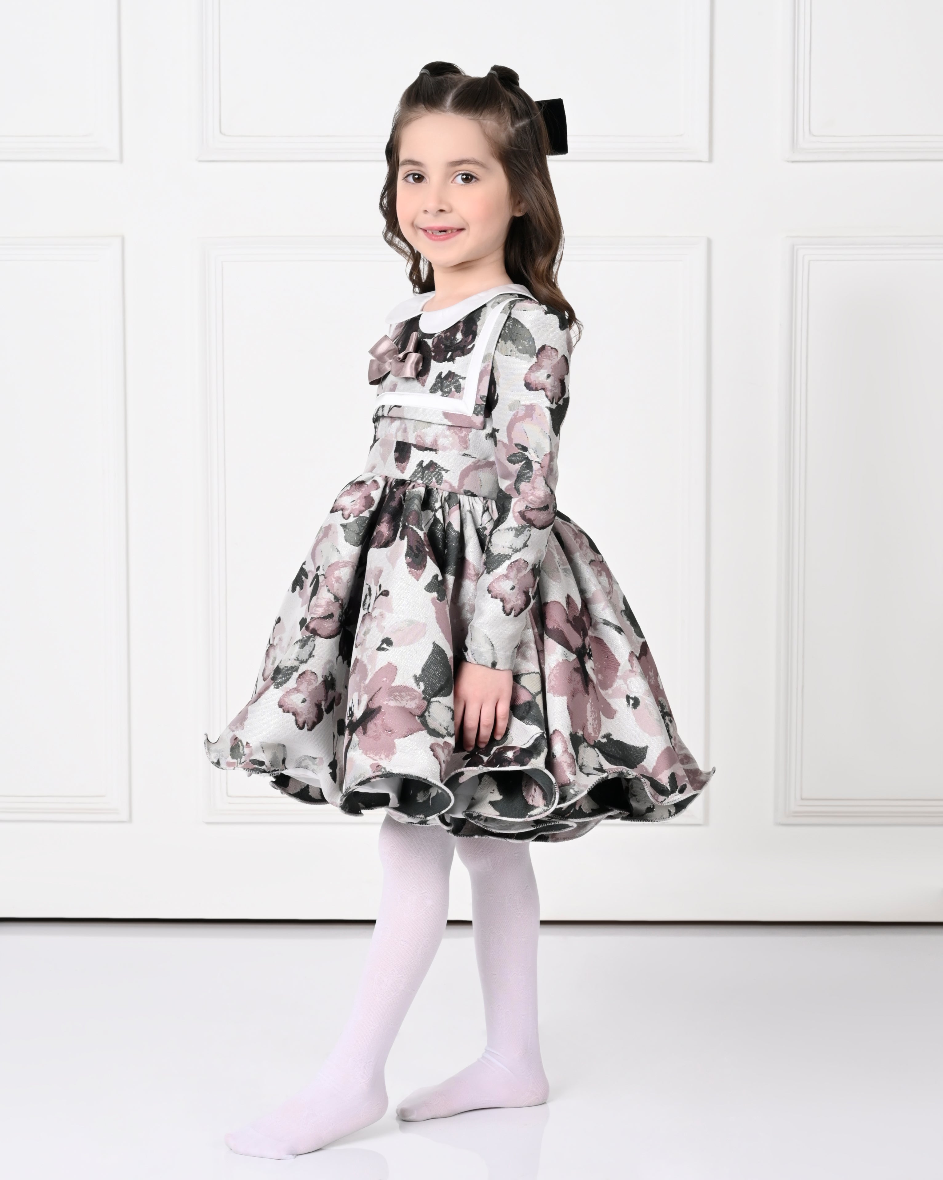 Full Sleeve Plum Floral Print Peony Dress-Off White