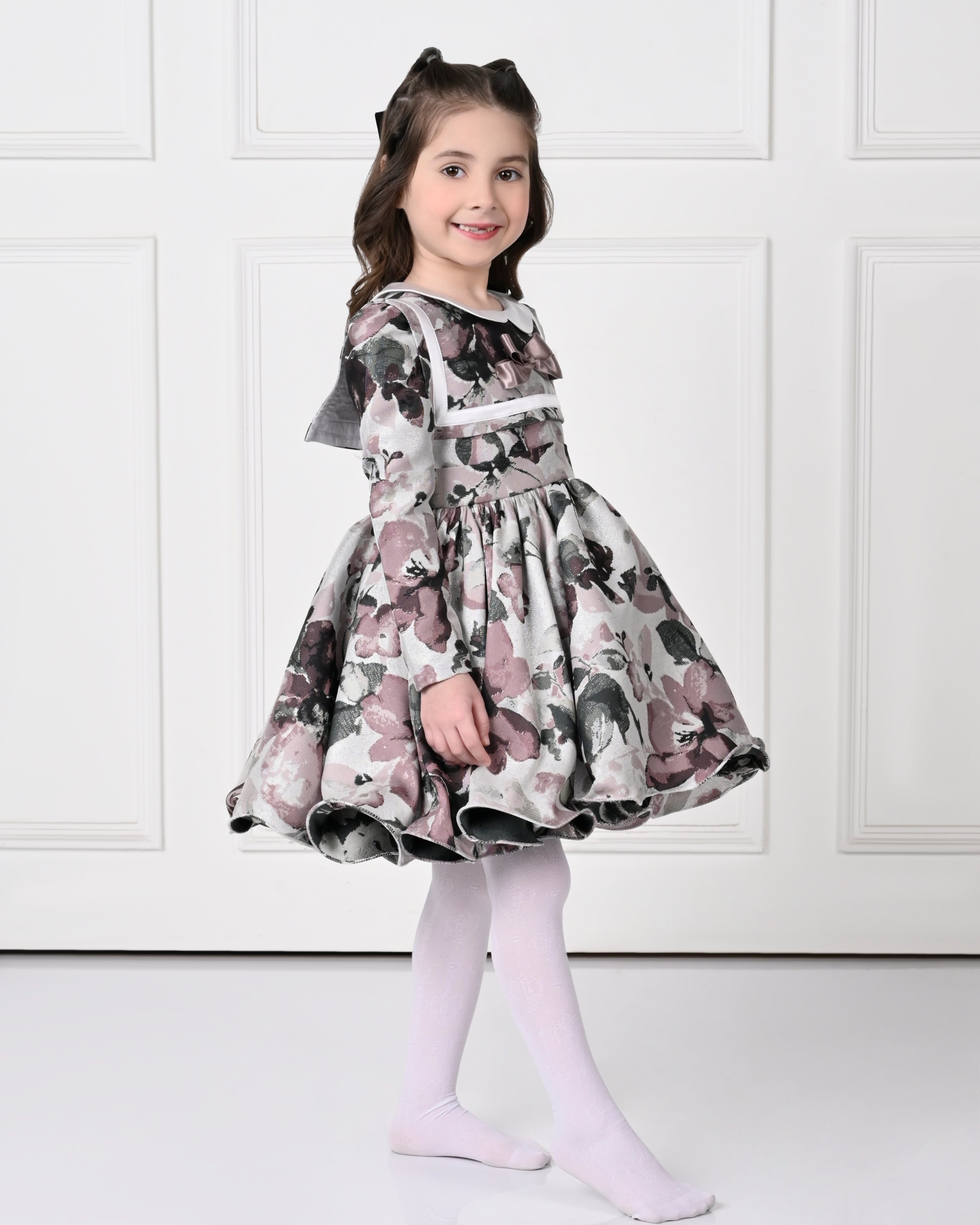 Full Sleeve Plum Floral Print Peony Dress-Off White