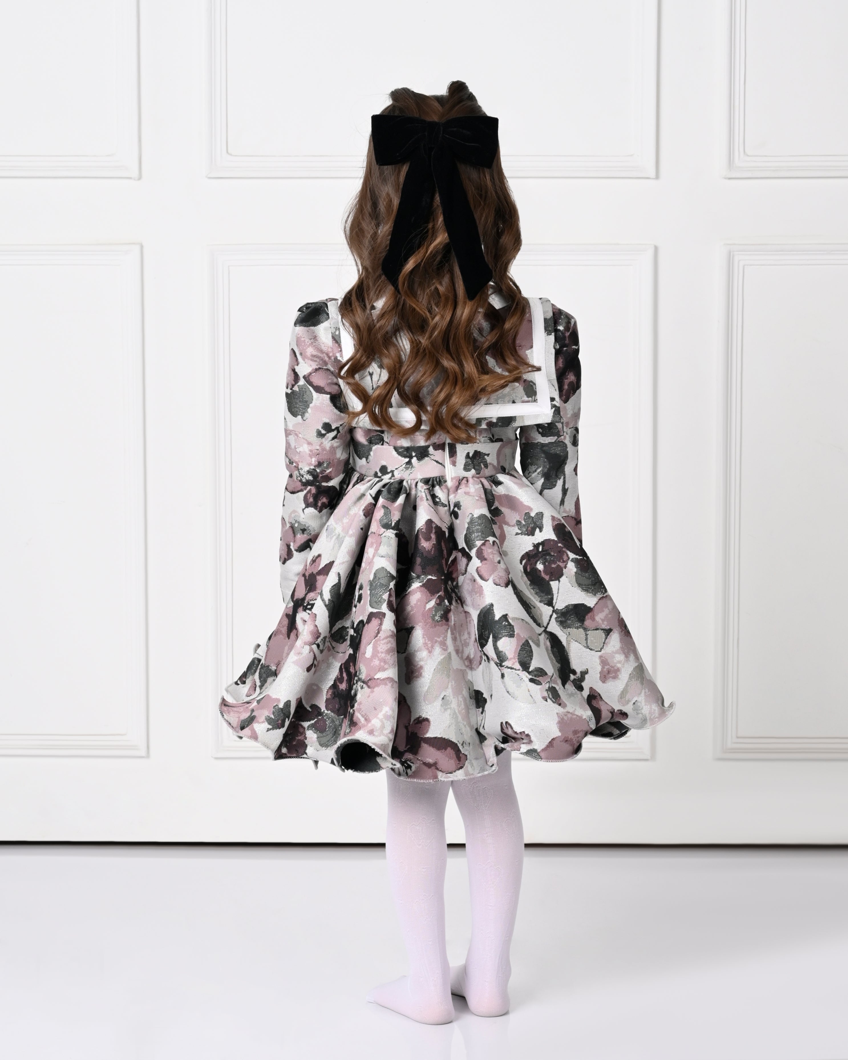 Full Sleeve Plum Floral Print Peony Dress-Off White