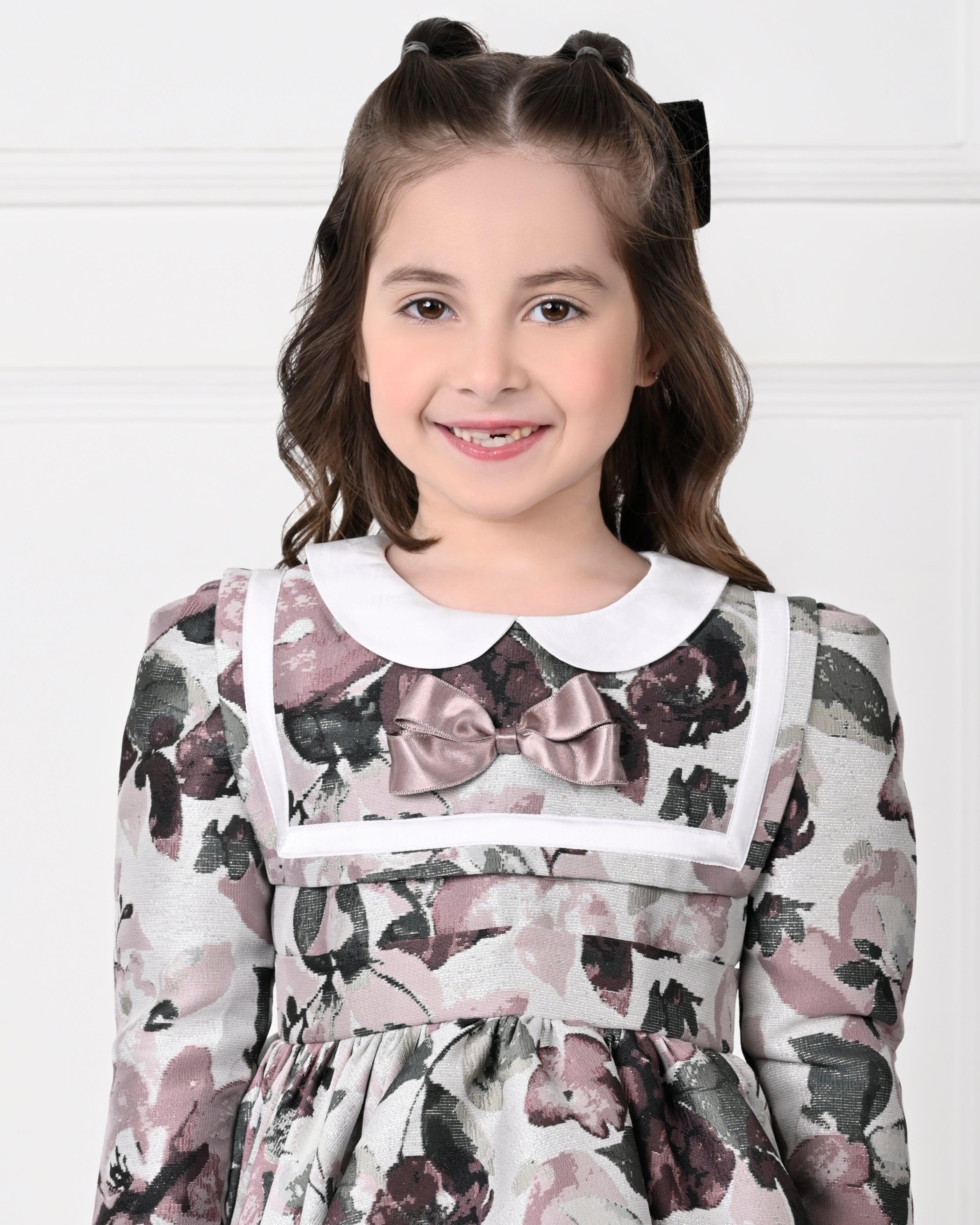 Full Sleeve Plum Floral Print Peony Dress-Off White