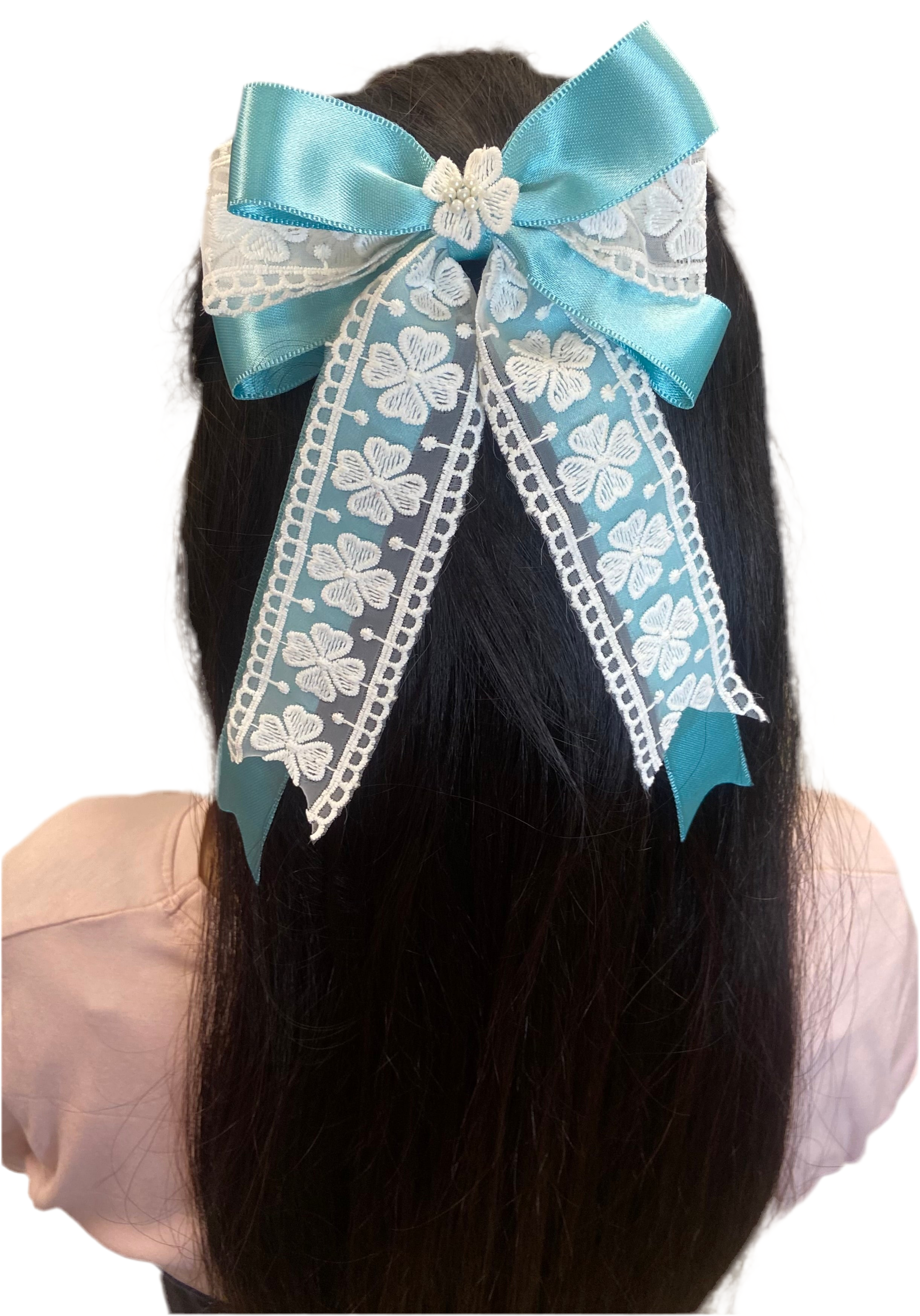 Light blue and white hair bow clip with flower