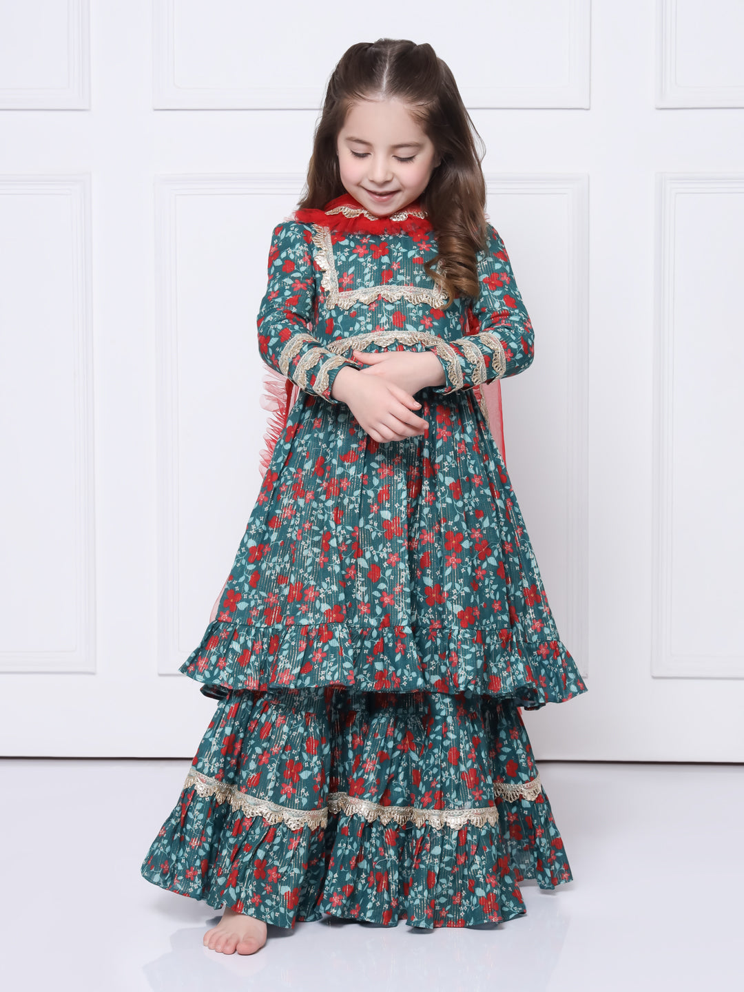 AMEERAH - A green & red printed suit with sharara