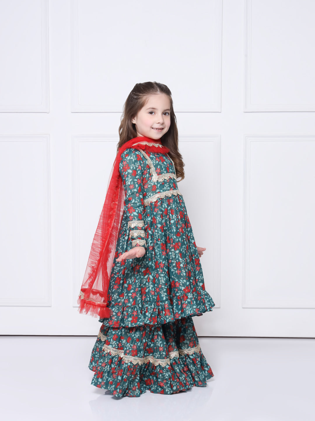 AMEERAH - A green & red printed suit with sharara