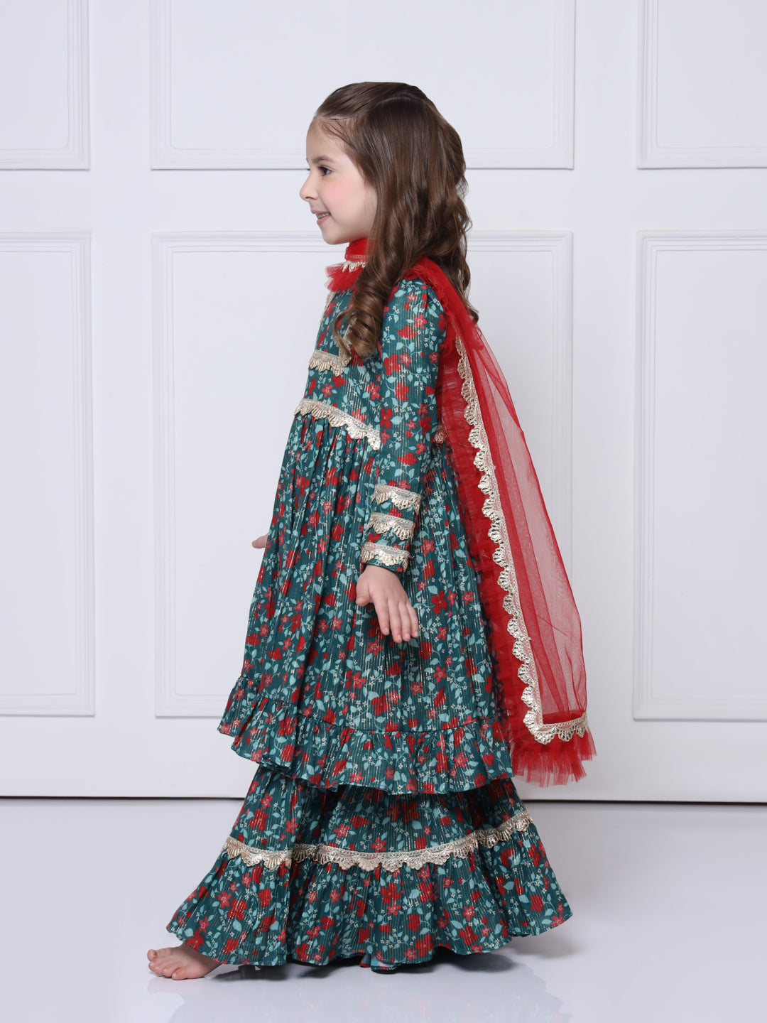 AMEERAH - A green & red printed suit with sharara