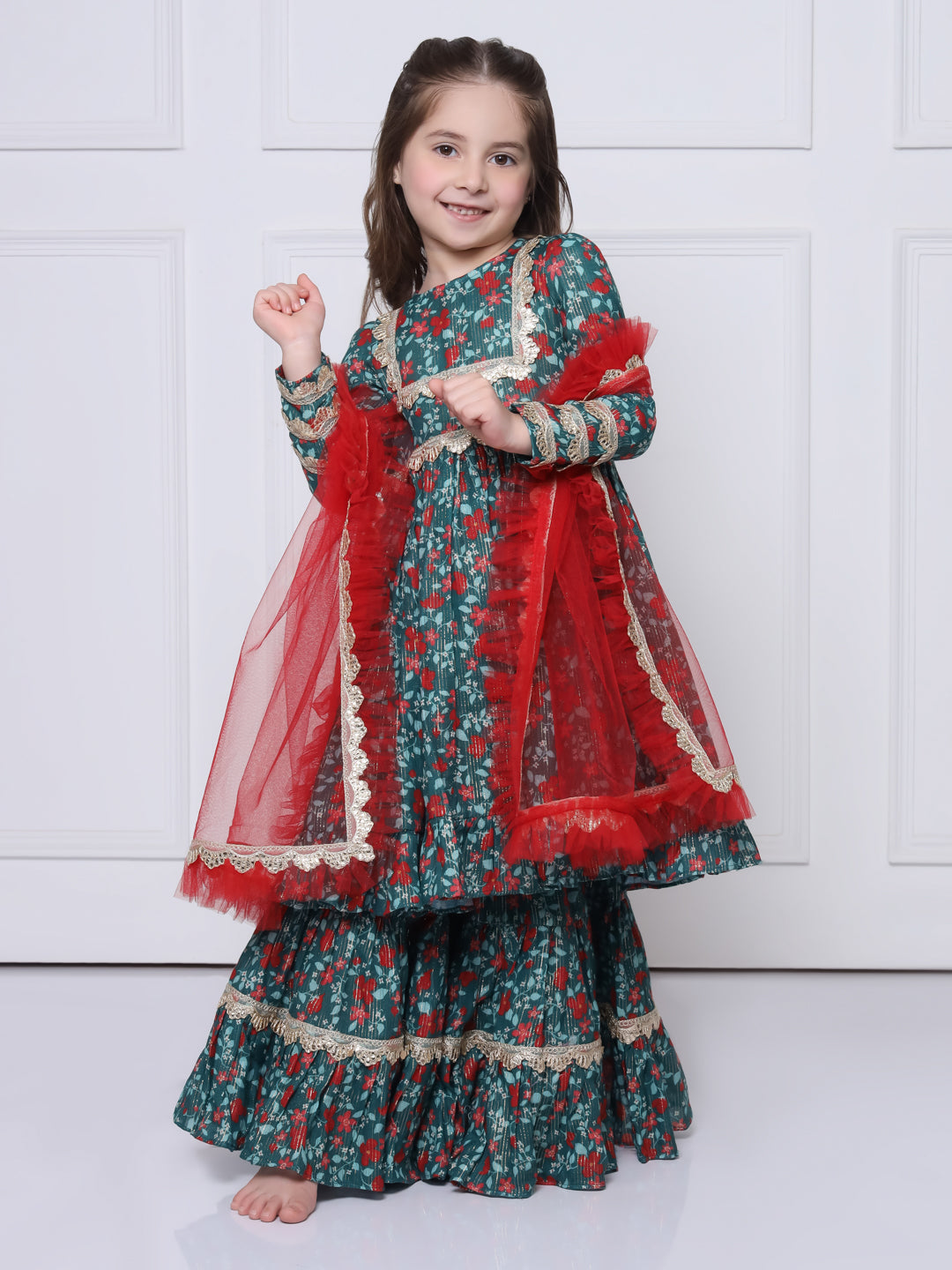 AMEERAH - A green & red printed suit with sharara