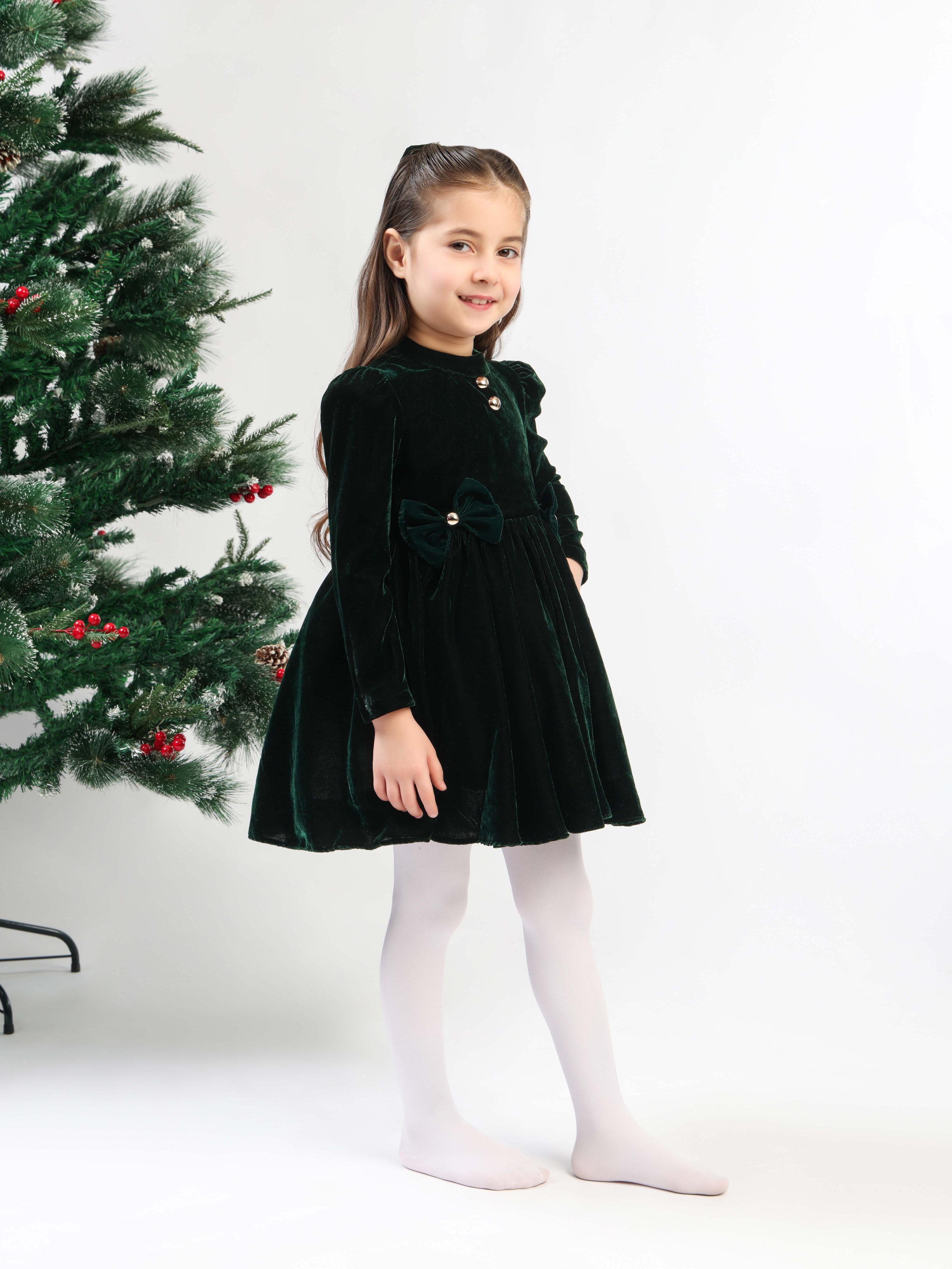 GREEN VELVET BOW DRESS