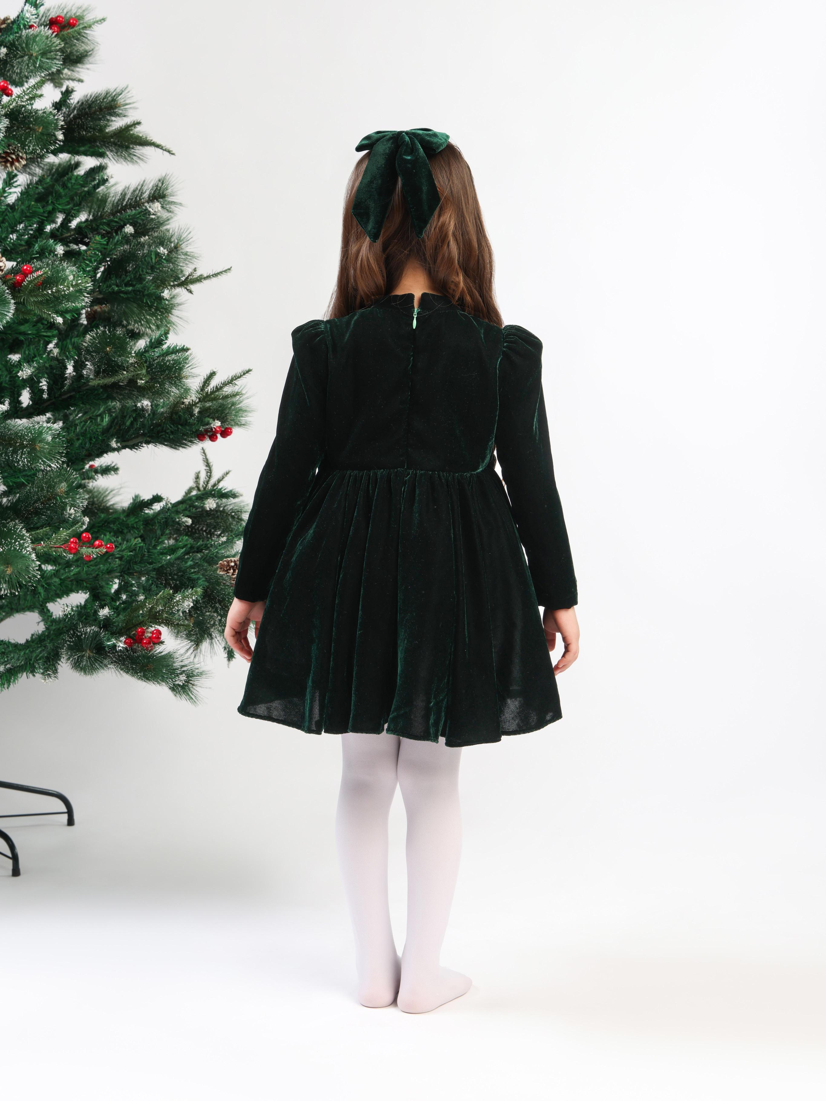 GREEN VELVET BOW DRESS
