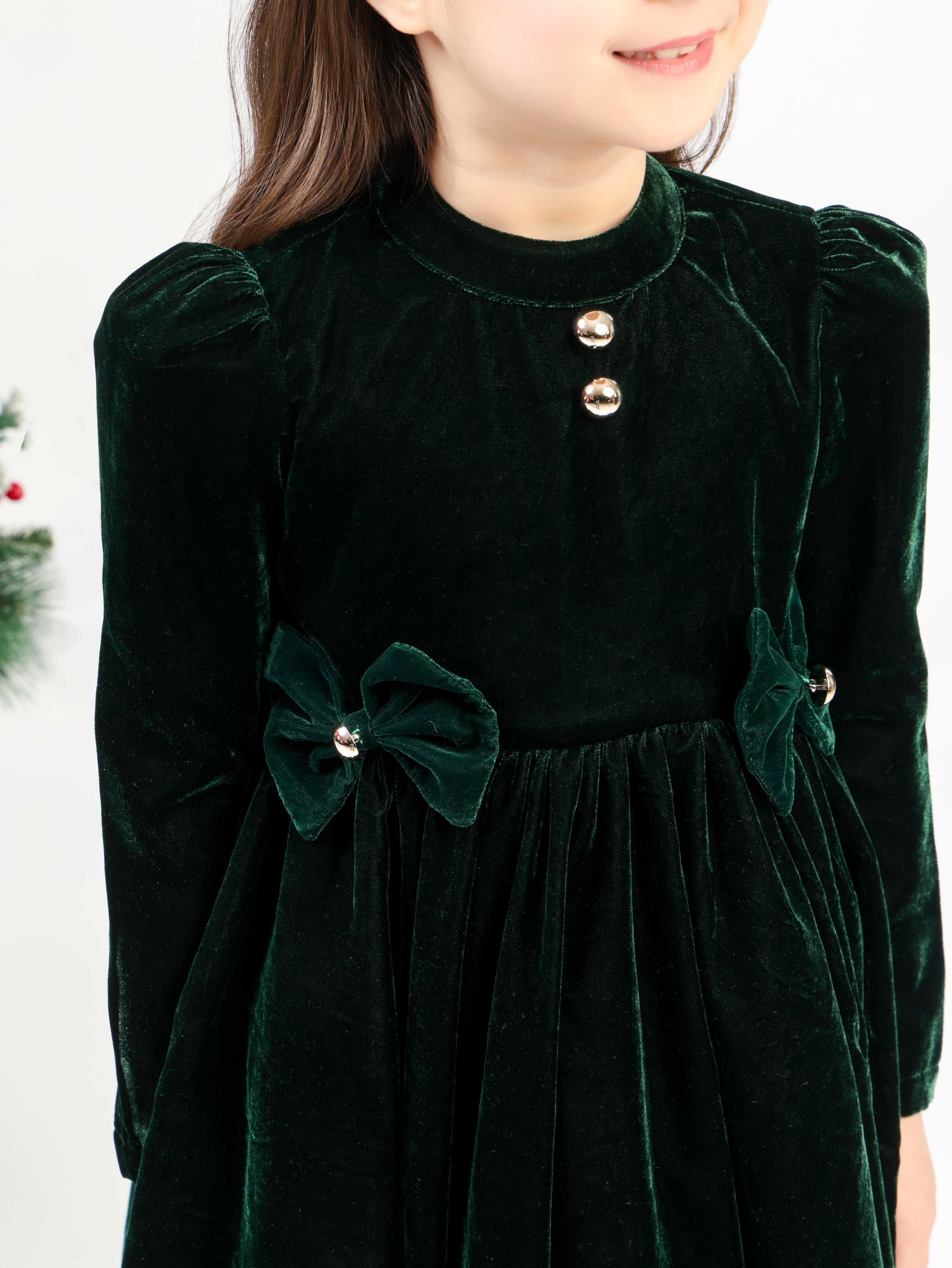 GREEN VELVET BOW DRESS