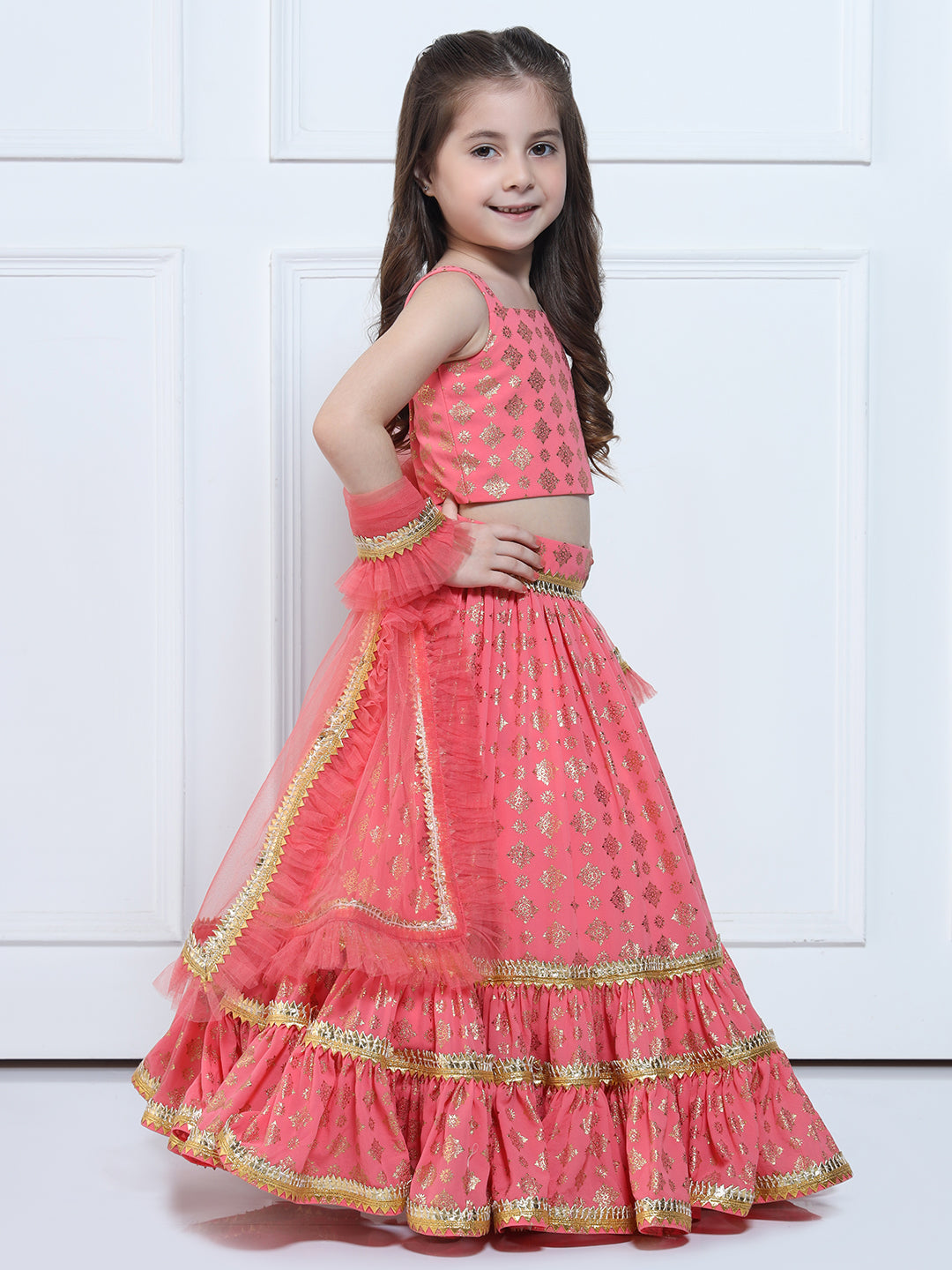 SAANJH LEHENGA - A Peach And Golden Printed Lehenga