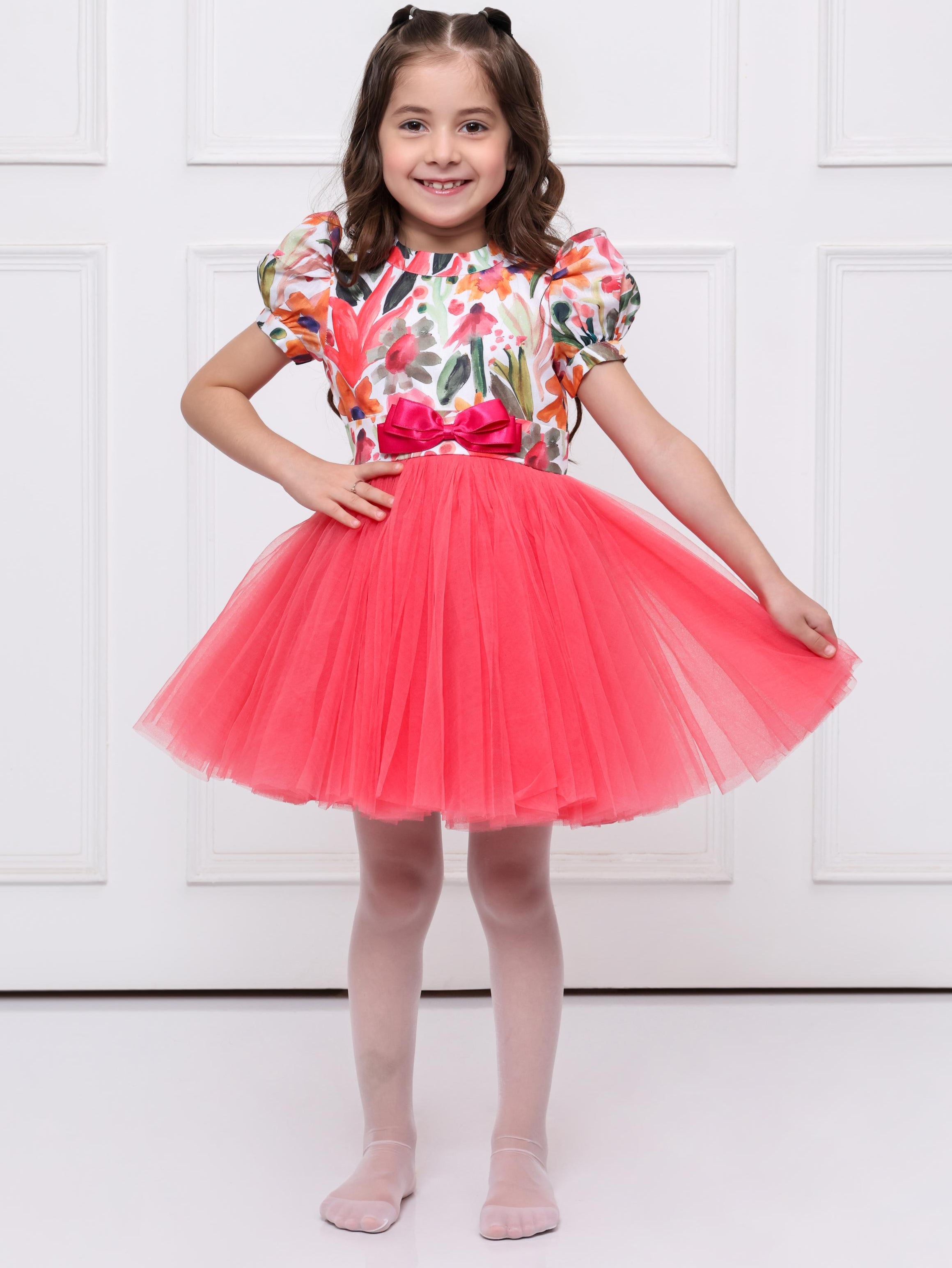 CORAL FLORAL NET DRESS