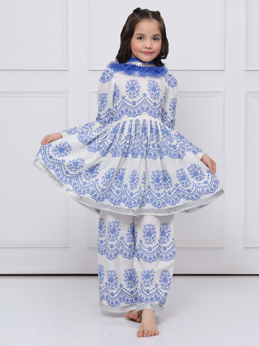 Blue & white Cotton Suit for Girls