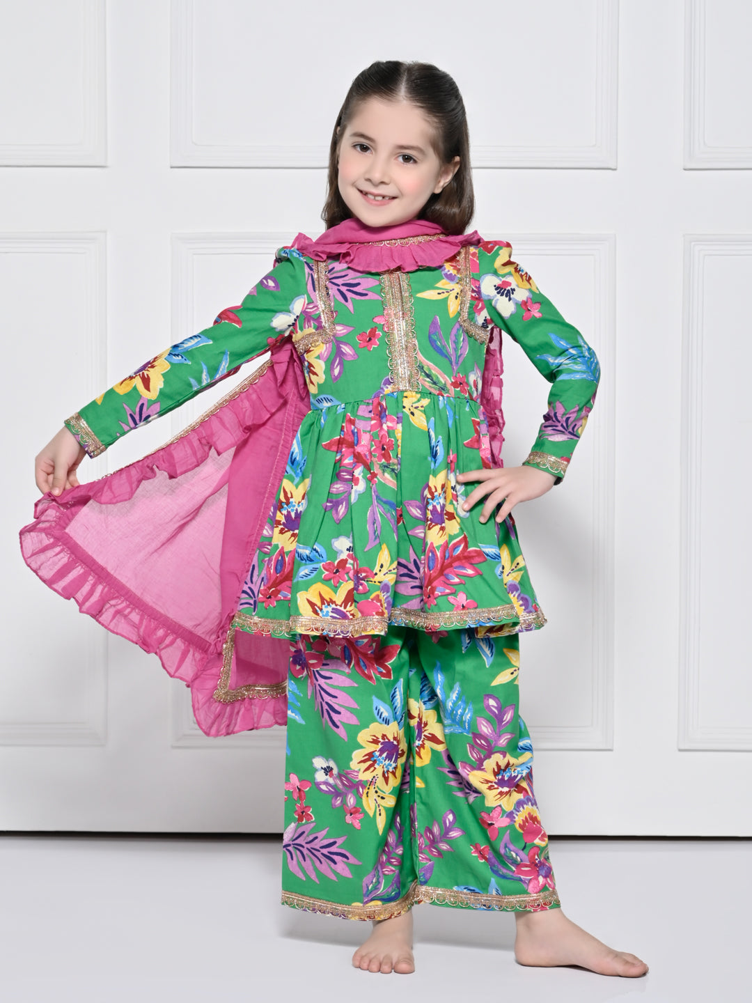 Green Floral Cotton Suit for Girls